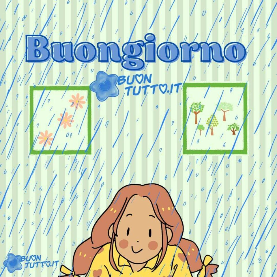 Un grazioso disegno in cui è raffigurata una bambina che guarda la pioggia che cade dalla finestra dalla sua stanza una raccolta di nuove bellissime Immagini di Buongiorno con la pioggia da scaricare gratis e condividere con amici parenti gruppi tramite WhatsApp Facebook Twitter Pinterest Telegram Instagram autore  buontutto.it