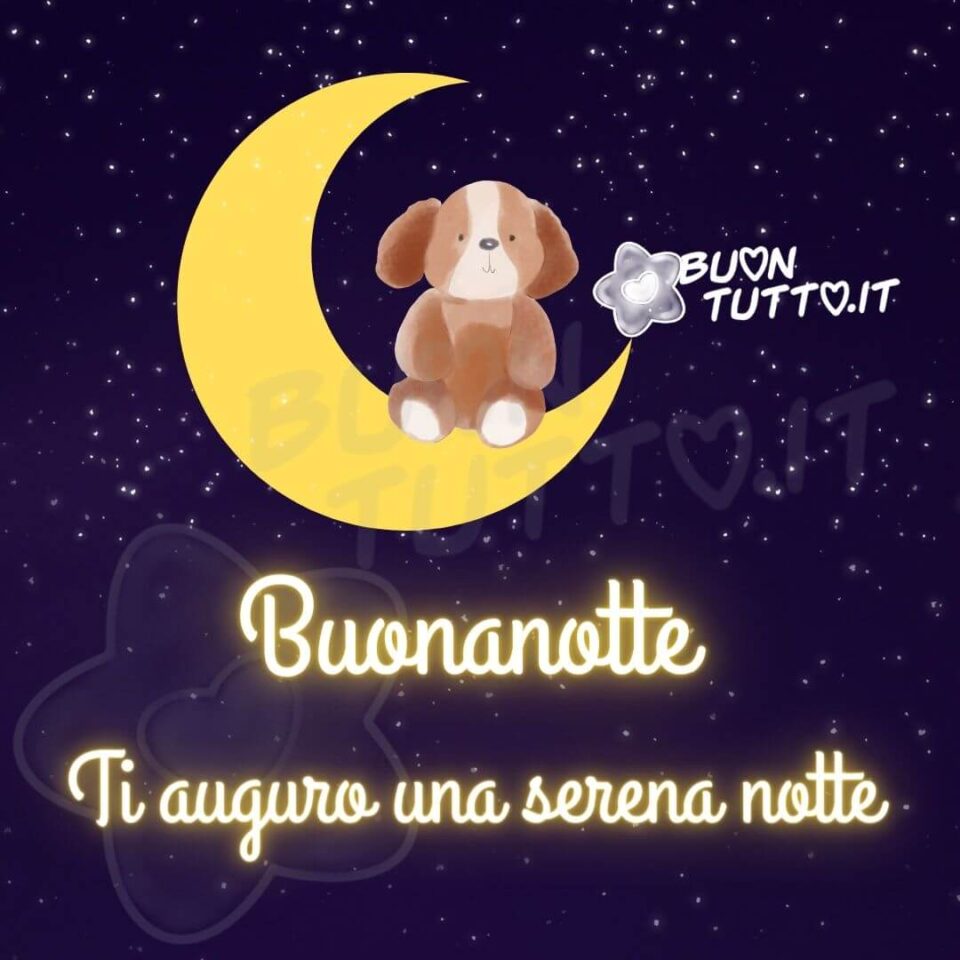 disegno di un tenero cagnolino di colore bianco e marroncino seduto su una mezzaluna in un cielo stellato che augura una serena notte immagini di Buonanotte una raccolta di nuove bellissime da scaricare gratis e condividere con amici parenti gruppi tramite WhatsApp Facebook Twitter Pinterest Telegram Instagram creata da buontutto.it