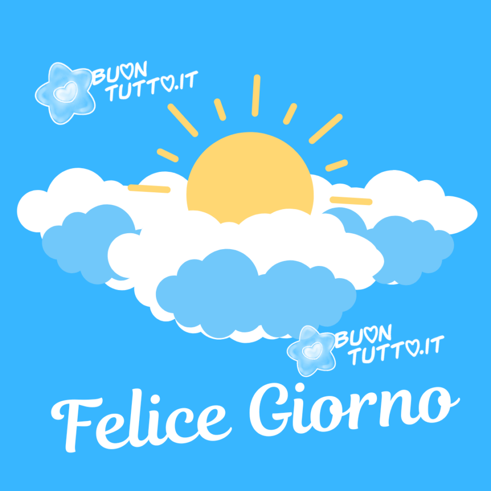 Immagine-di-felice-giorno-con-sole-e-nuvole-e-cielo-azzurro-buontutto disegno colorato con sole tra le nuvole nel cielo azzurro che trasmette serenità per augurare un felice giorno da scaricare gratis e condividere con amici parenti gruppi tramite WhatsApp Facebook Twitter Pinterest Telegram Instagram autore buontutto.it