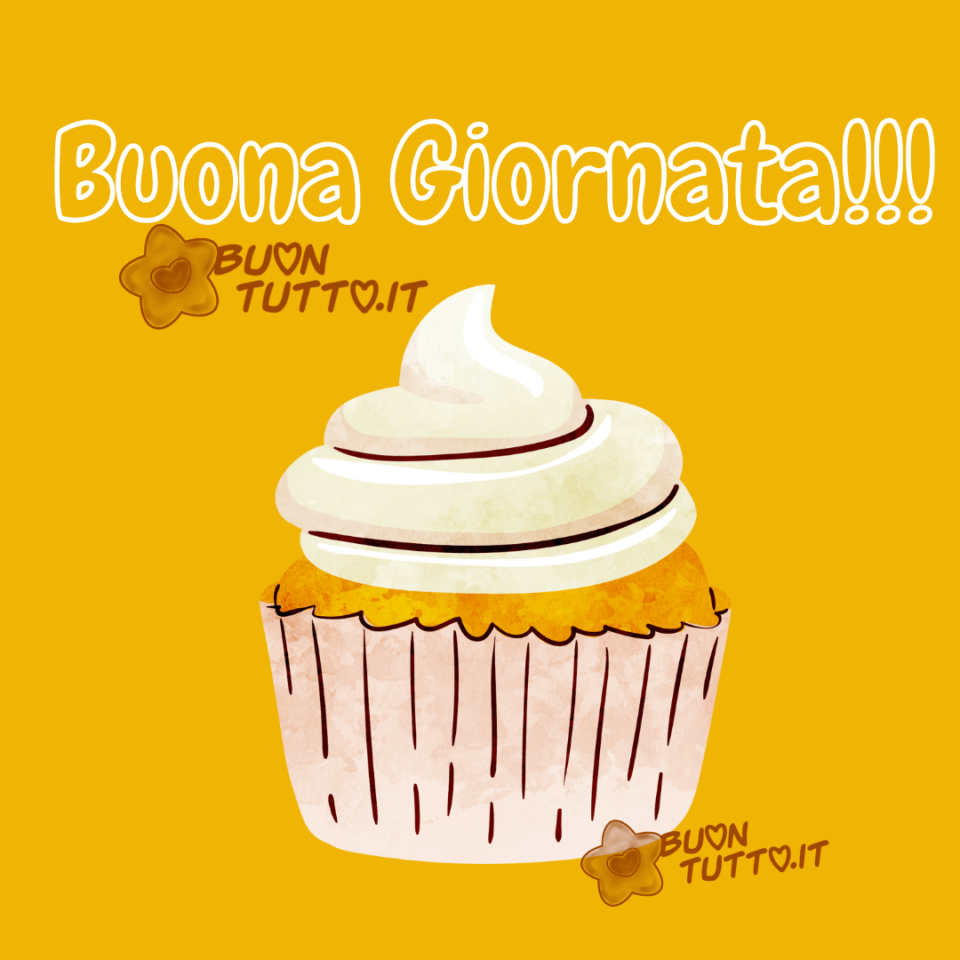 immagine di un disegno colorato di un cupcake con panna montata con sfondo arancione chiaro per augurare una buona giornata da scaricare gratis e condividere con amici parenti gruppi tramite WhatsApp Facebook Twitter Pinterest Telegram Instagram autore buontutto.it