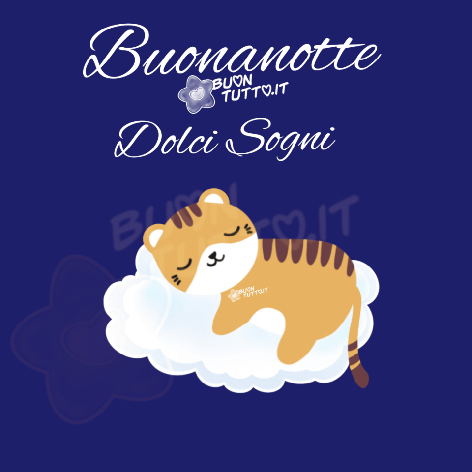 un disegno di un dolcissimo gattino che dorme serenamente su una nuvola in uno splendido cielo di un intenso blu per augurare una buonanotte dolci sogni una raccolta di nuove bellissime Immagini di Buonanotte da scaricare gratis e condividere con amici parenti gruppi tramite WhatsApp Facebook Twitter Pinterest Telegram Instagram create da buontutto.it