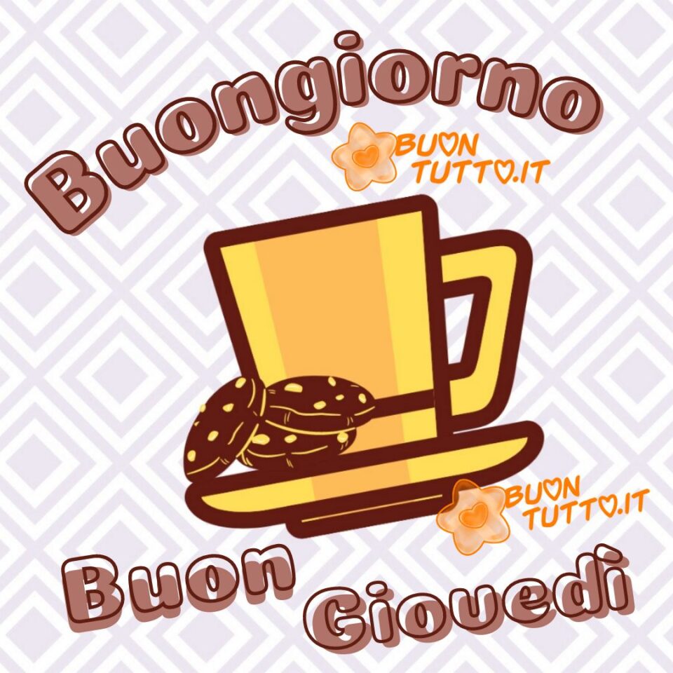 un disegno di una tazza gialla da caffè con piattino e tre biscotti al cioccolato e nocciole per augurare buongiorno buon giovedì una raccolta di nuove bellissime Immagini di Buon giovedì da scaricare gratis e condividere con amici parenti gruppi tramite WhatsApp Facebook Twitter Pinterest Telegram Instagram creata da buontutto.it