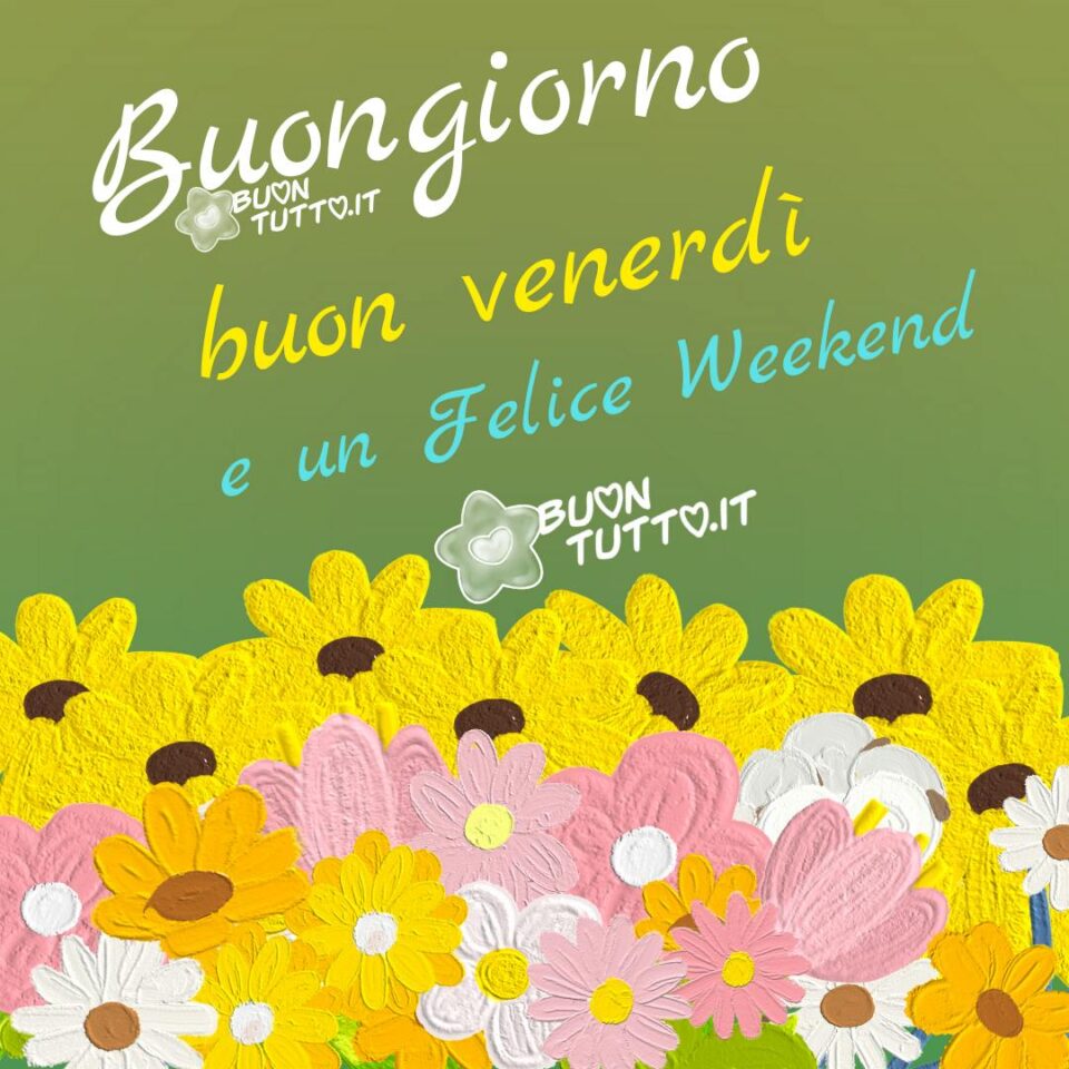 una bellissima immagine di un disegno fatto con i gessetti di diversi fiori dai colori giallo rosa arancione bianco  per augurare il buongiorno e buon venerdì e un felice weekend una raccolta di nuove bellissime immagini di buon venerdì da scaricare gratis e condividere con amici parenti gruppi tramite WhatsApp Facebook Twitter Pinterest Telegram Instagram autore buontutto.it