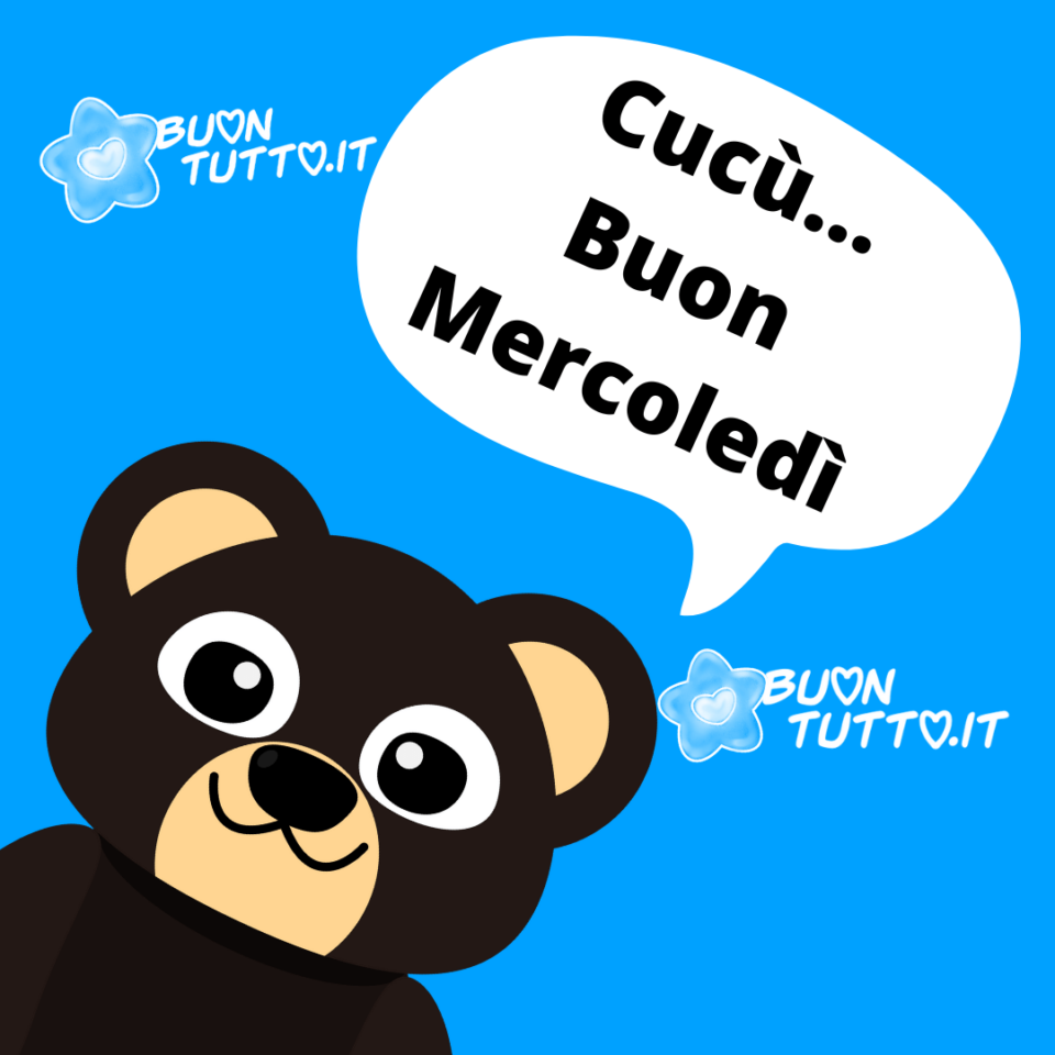 un simpatico orsetto in uno sfondo azzurro che si affaccia per fare una sorpresa per augurare il buon mercoledì da scaricare gratis e condividere con amici parenti gruppi tramite WhatsApp Facebook Twitter Pinterest Telegram Instagram autore buontutto.it