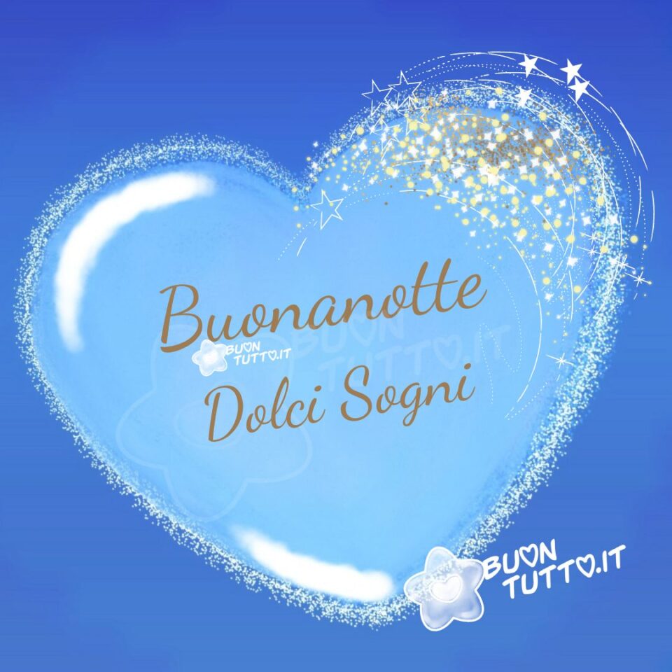 cuore-con-stelle-buonanotte-dolci-sogni-buontutto uno sfondo azzurro con al centro un grande cuore celeste e nei contorni del cuore ci sono dei punti luce e nella parte alta del cuore a destra delle stelline e dei punti luci gialli bianchi una raccolta di nuove bellissime Immagini di Buonanotte da scaricare gratis e condividere con amici parenti gruppi tramite WhatsApp Facebook Twitter Pinterest Telegram Instagram create da buontutto.it