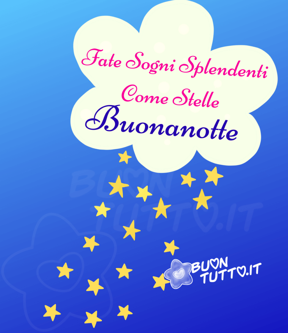 immagine-buonanotte-fate-sogni-come-stelle disegno su uno sfondo di colore blu mare una scia di stelle che scende da una nuvola nel cielo e dentro di essa c'è scritto Fate sogni splendenti come stelle... Buonanotte! Una raccolta di nuove bellissime immagini di buonanotte da scaricare gratis e condividere con amici parenti gruppi tramite WhatsApp Facebook Twitter Pinterest Telegram Instagram creata da buontutto.it