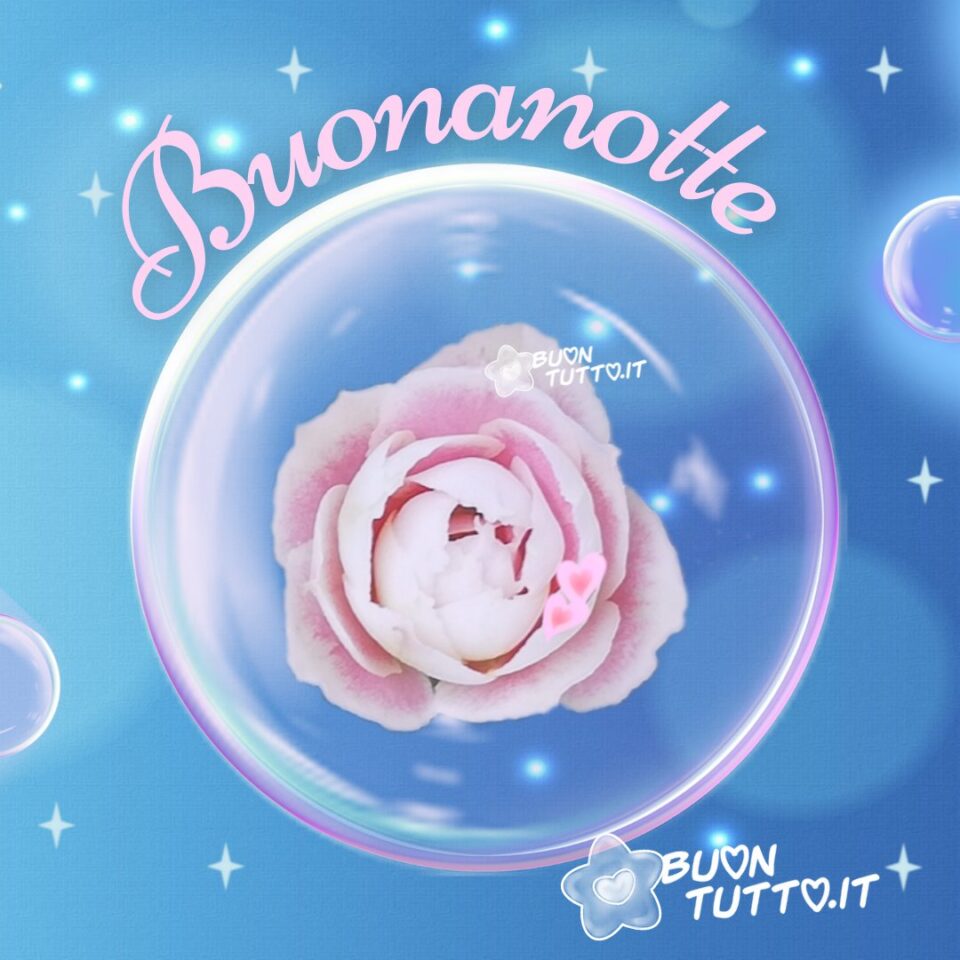rosa-rosa-con-bolle-di-sapone-e-stelle-buonanotte-buontutto una bellissima rosa rosa in una bolla di sapone dai riflessi rosei e delle piccole bolle ai lati dell'immagine e diverse stelle e punti luci intorno ad essa in meraviglioso sfondo dalle sfumature azzurre che trasmette bellezza e serenità per augurare la buonanotte una raccolta di nuove bellissime Immagini di Buonanotte da scaricare gratis e condividere con amici parenti gruppi tramite WhatsApp Facebook Twitter Pinterest Telegram Instagram create da buontutto.it