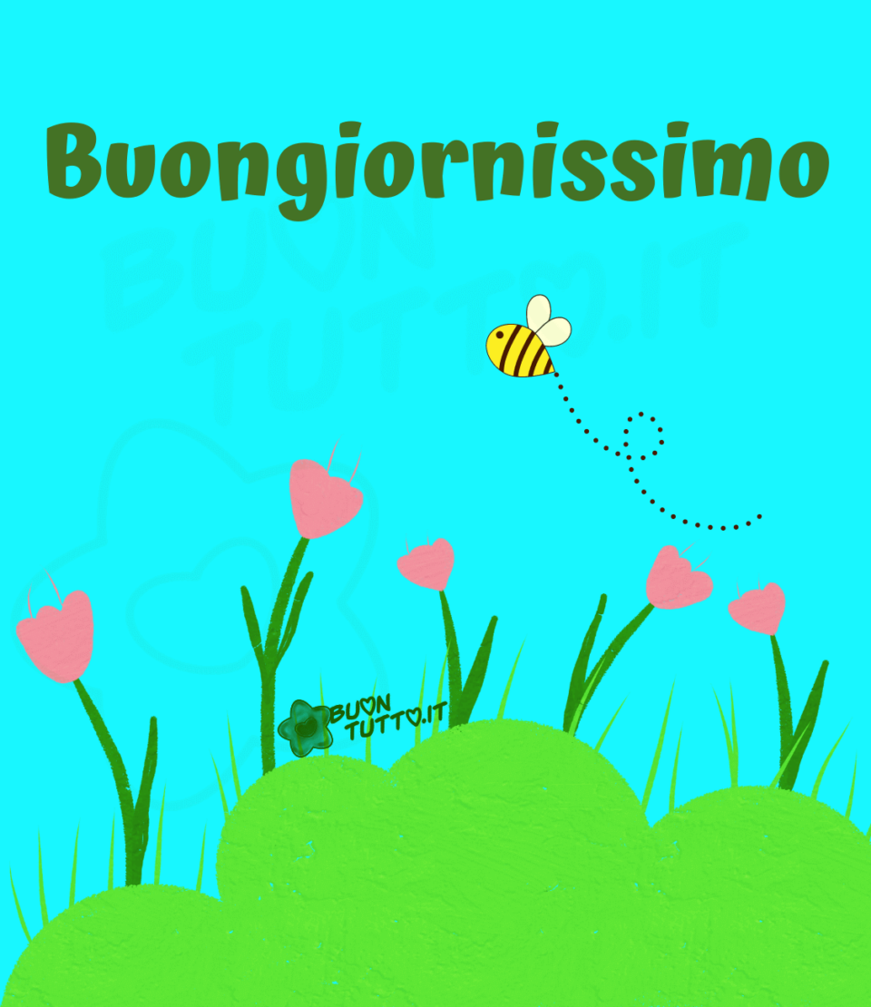 Immagini Buongiorno Primaverili disegno di un prato verde con cinque tulipani di colore rosa e sopra sta volando un'apina. Lo sfondo è di colore celeste sopra c'è scritto buongiornissimo Una raccolta di nuove bellissime, uniche immagini di Buongiorno Primaverili da scaricare gratis e condividere con amici parenti gruppi tramite WhatsApp Facebook Twitter Pinterest Telegram Instagram autore buontutto.it