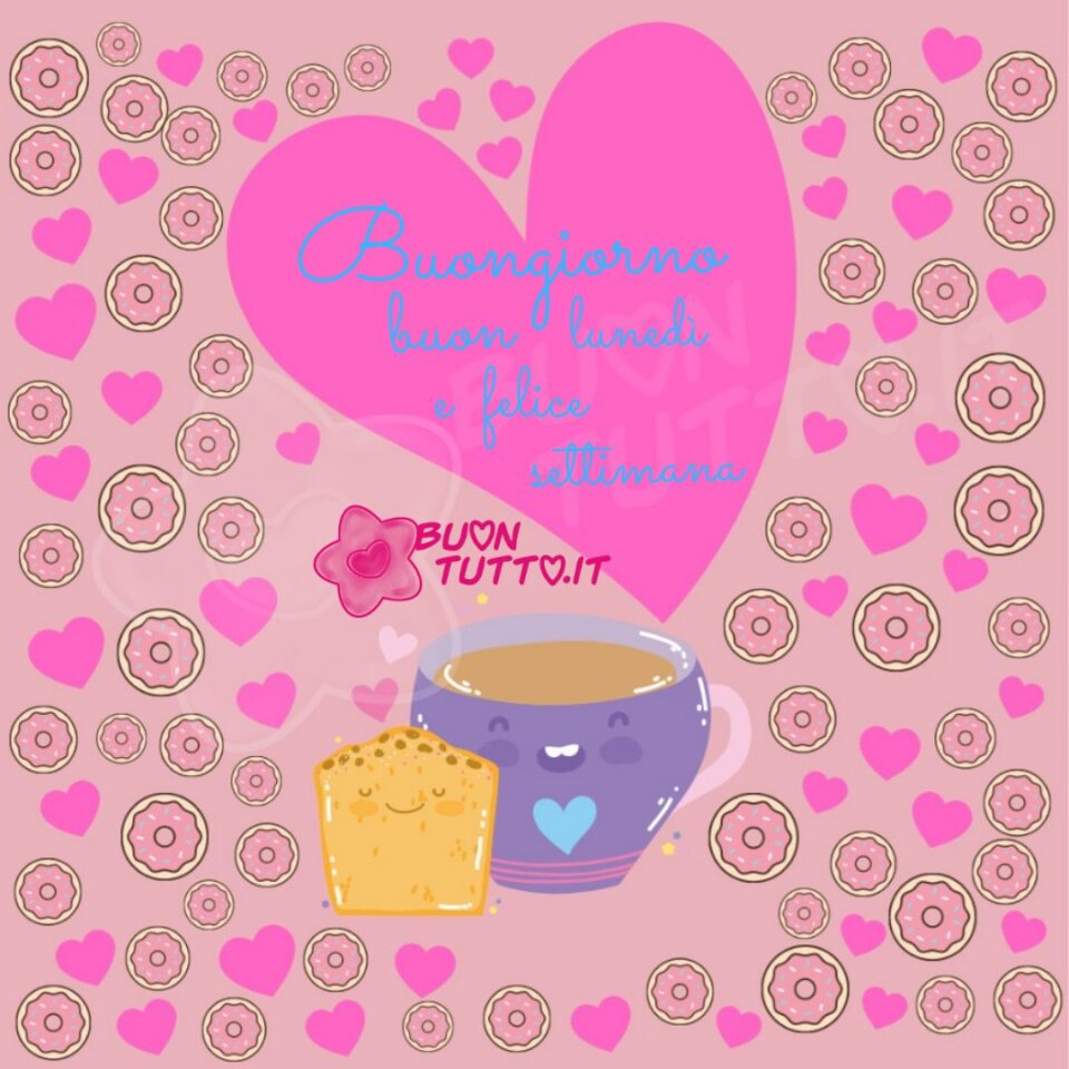 tazza-con-faccina-sorridente-buon-lunedì-e-felice-settimana-buontutto una simpatica immagine con al centro una tazza con una faccina sorridente un cuore e una fetta biscottata con gli occhi sorridenti e tanti fiori per augurare buon lunedì e un felice settimana da scaricare gratis e condividere con amici parenti gruppi tramite WhatsApp Facebook Twitter Pinterest Telegram Instagram autore buontutto.it