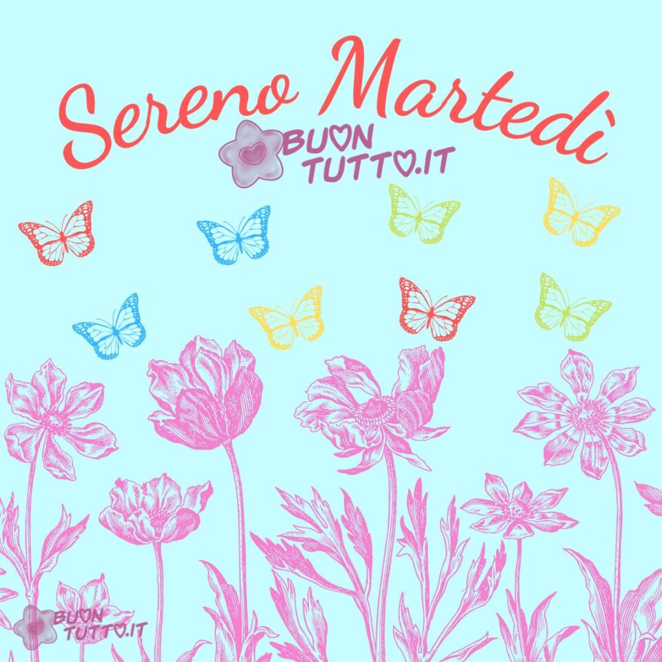 fiori-e-farfalle-Sereno-martedì-buongiorno-buontutto immagine dai colori pastello di fiori e farfalle che trasmette serenità e dolcezza per augurare sereno martedì immagini di buon martedì da scaricare gratis e condividere con amici parenti gruppi tramite WhatsApp Facebook Twitter Pinterest Telegram Instagram creata da buontutto.it
