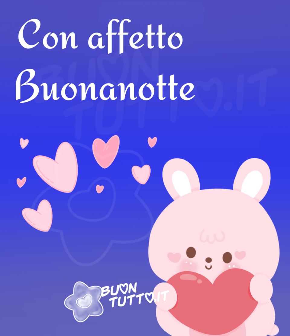 disegno di un tenero coniglietto rosa che stringe un cuore rosso e tanti cuoricini rosa chiaro e rosa intenso. Lo sfondo dell'immagine è un meraviglioso blu chiaro e sopra c'è scritto con affetto buonanotte. Una raccolta di nuove bellissime immagini di buonanotte da scaricare gratis e condividere con amici parenti gruppi tramite WhatsApp Facebook Twitter Pinterest Telegram Instagram creata da buontutto.it