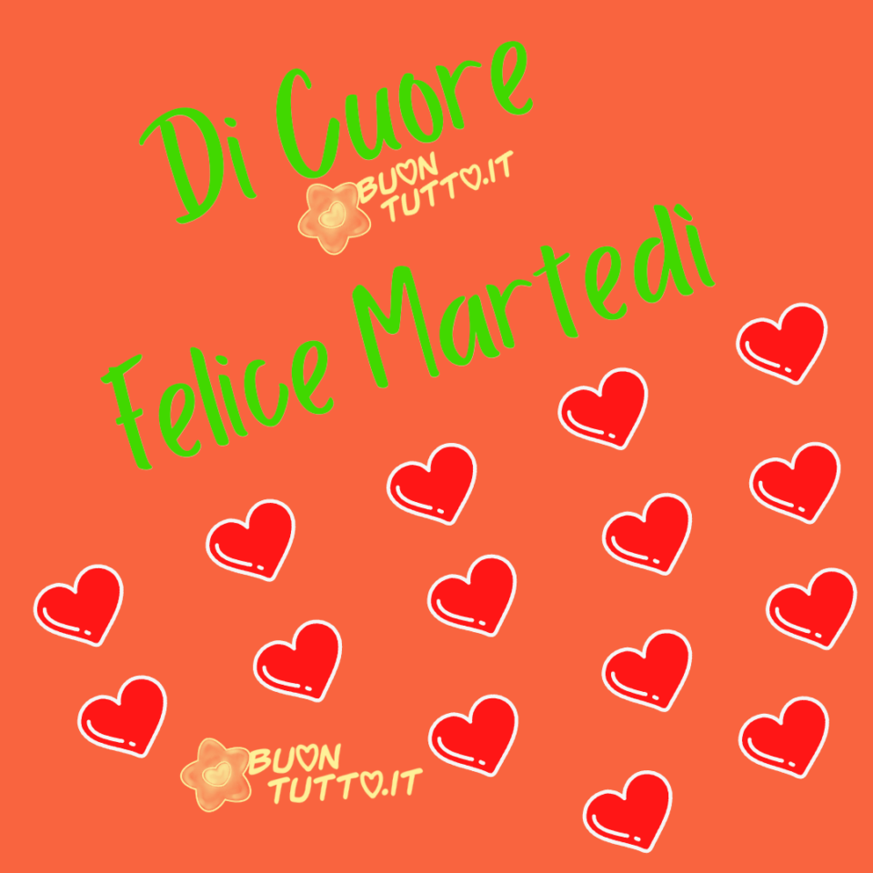 Di-cuore-felice-martedì-buongiorno-buontutto uno sfondo arancione brillante intenso con tanti cuori rossi dal contorno bianco per augurare di cuore felice martedì immagini di buon martedì da scaricare gratis e condividere con amici parenti gruppi tramite WhatsApp Facebook Twitter Pinterest Telegram Instagram creata da buontutto.it