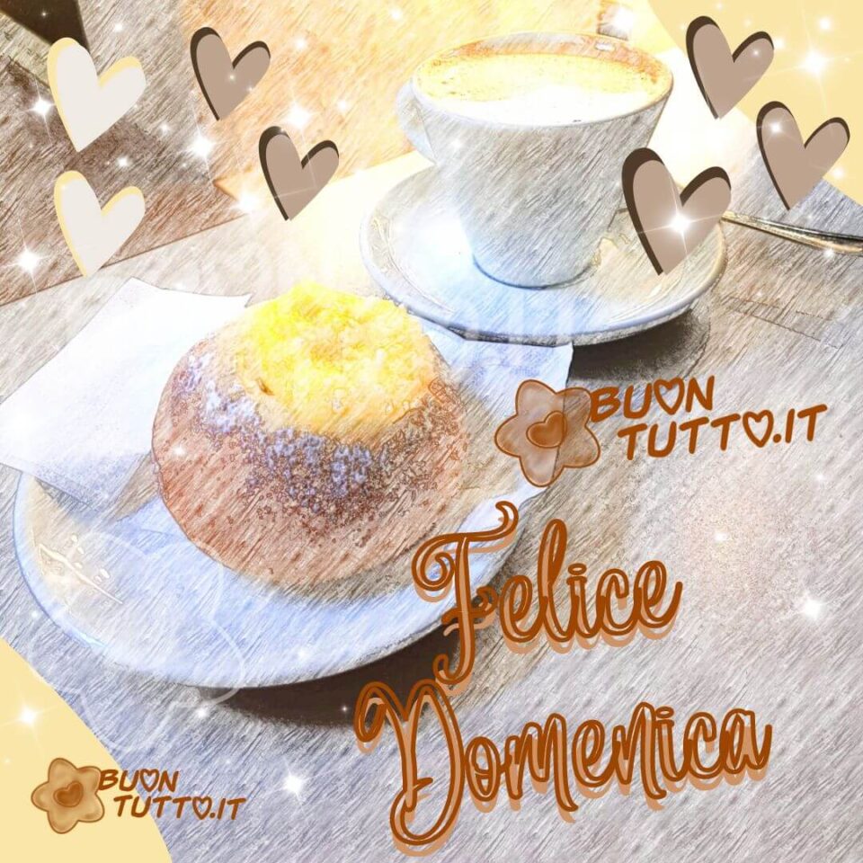 una foto di una golosa colazione con  un bombolone alla crema e un cappuccino e tanti cuori creati con un effetto a matita per augurare un felice domenica da scaricare gratis e condividere con amici parenti gruppi tramite WhatsApp Facebook Twitter Pinterest Telegram Instagram autore buontutto.it