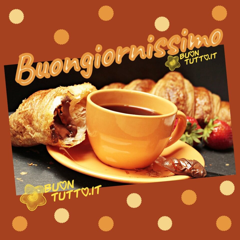 foto-colazione-golosa-buongiorno-buontutto foto di una tazzina di caffè di colore arancione chiaro con piattino e cornetti al cioccolato e fragole per augurare il buongiorno da scaricare gratis e condividere con amici parenti gruppi tramite WhatsApp Facebook Twitter Pinterest Telegram Instagram autore buontutto.it