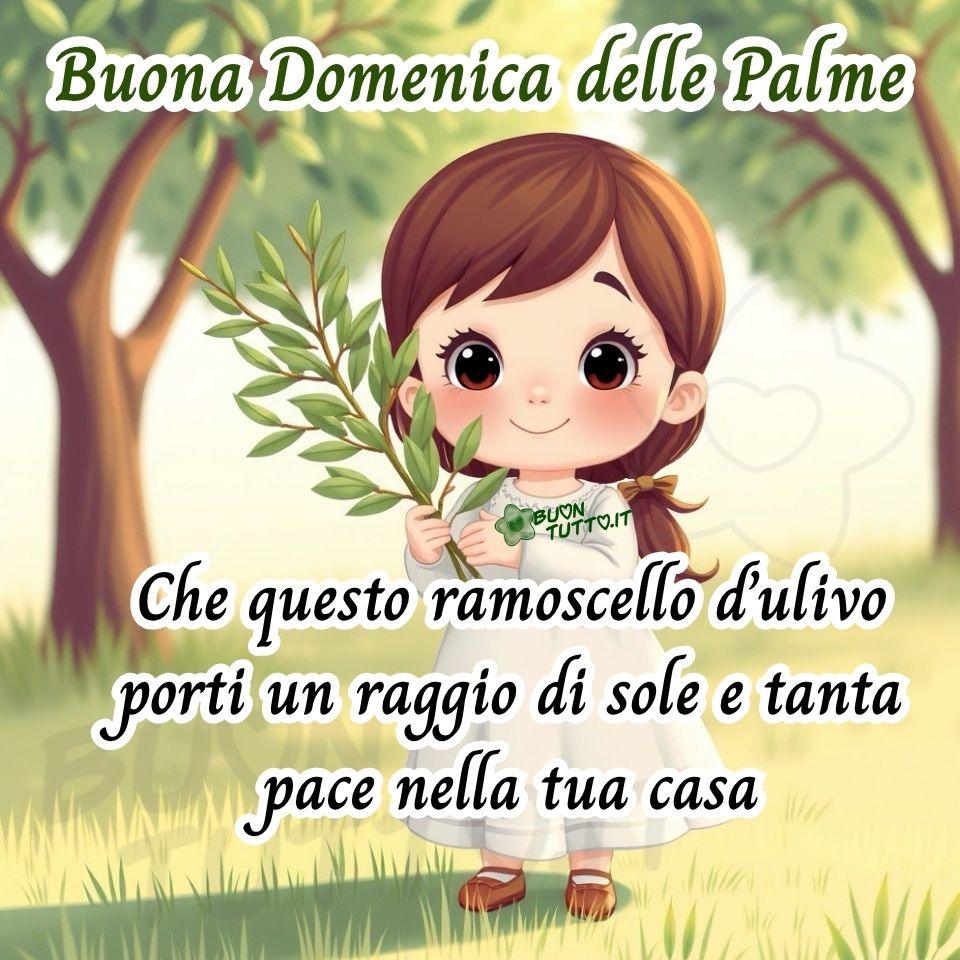 Disegno di una bambina molto piccola, circa tre o quattro anni, in piedi all’aperto. La scena è ambientata in un prato verde, illuminato da una luce naturale morbida, tipica della primavera. L’inquadratura è frontale: la bambina è al centro dell’immagine e occupa la parte principale dell’illustrazione. L’erba è verde e fresca, leggermente mossa da una brezza gentile che sembra portare con sé il profumo della terra bagnata e delle foglie nuove. Sullo sfondo si intravedono alberi dal fogliame tenero, tipico dell’inizio della primavera: rami sottili, foglie giovani e un verde chiaro che cattura la luce. La bambina ha capelli castani, morbidi e leggermente ondulati, che le arrivano alle spalle e incorniciano un viso dolce e sereno. L’espressione è calma, quasi contemplativa: guarda verso l’osservatore con occhi grandi e tranquilli, senza un sorriso marcato ma con un’aria di innocenza e quiete. Indossa un vestitino bianco semplice e leggero, con maniche lunghe e un ricamo sia sul collo sia sul bordo inferiore. Il tessuto appare morbido, forse in cotone, e si muove appena con la brezza. Ai piedi porta scarpette marroni, chiuse e adatte a camminare sull’erba, che affondano leggermente nel prato. La bambina tiene tra le mani un ramo d’ulivo, fresco e lucente, con foglie sottili e argentate che riflettono la luce del sole. Lo stringe con delicatezza, come se sapesse che quel gesto ha un significato speciale. Il suo sguardo, rivolto verso l’osservatore, ha un’espressione calma e accogliente, quasi un invito alla pace. Nella parte alta dell’immagine è presente la scritta, in un carattere corsivo elegante di colore verde con contorno bianco in grassetto: “Buona Domenica delle Palme”. Nella parte bassa, con lo stesso stile ma in colore nero e contorno bianco marcato, si legge: “Che questo ramoscello d’ulivo porti un raggio di sole e tanta pace nella tua casa”. L’atmosfera è serena, luminosa e spirituale. Tutto comunica tenerezza, purezza e un senso di benedizione. L’immagine ha un tono affettuoso e rassicurante, come un augurio gentile, perfettamente in linea con il messaggio della Domenica delle Palme. È un’immagine che trasmette pace e luce, rafforzando il carattere spirituale e accogliente della composizione. Una raccolta di nuove e bellissime immagini di Buona Domenica delle Palme, da scaricare gratuitamente e condividere con amici, familiari, parenti e gruppi tramite WhatsApp, Facebook, X (Twitter), Pinterest, Telegram, LinkedIn, Instagram e le tue piattaforme social preferite. Autore: BuonTutto.it