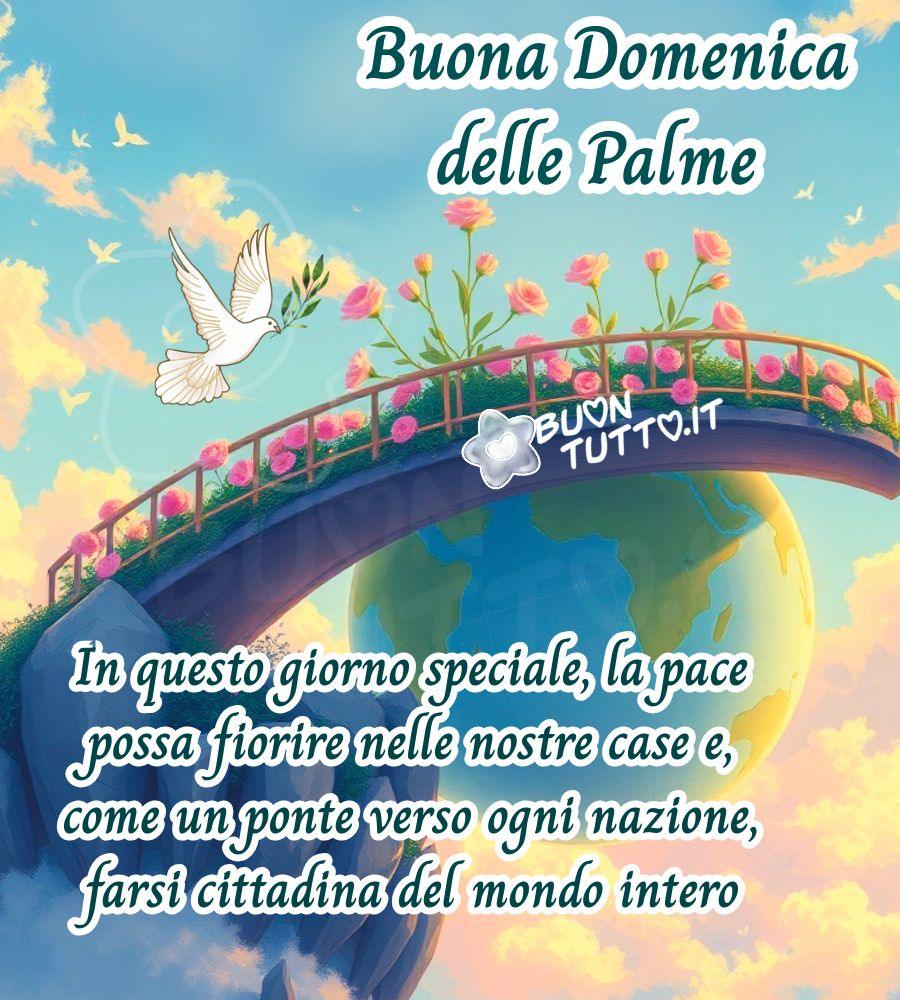 Disegno di una scena luminosa e profondamente simbolica, dedicata alla Domenica delle Palme e realizzata con colori morbidi che evocano un’atmosfera di pace. Al centro si trova un ponte elegante, sospeso come un filo di speranza tra cielo e terra. Il ponte è interamente adornato da fiori rosa, piccoli e delicati, che sembrano sbocciare lungo il corrimano come se fossero portati dalla primavera stessa. I petali, morbidi e vellutati, creano un contrasto dolce con l’azzurro del cielo e con le tonalità più fredde del globo sottostante, generando un effetto armonioso che richiama dolcezza, serenità e un senso di continuità. Sotto il ponte appare un globo terrestre rappresentato con colori tenui e sfumati, quasi acquerellati. I continenti emergono con contorni morbidi, come se fossero avvolti da una luce gentile che li rende accoglienti e simbolicamente uniti. Il mondo, così raffigurato, diventa il fulcro del messaggio: un invito alla pace che attraversa ogni nazione, proprio come il ponte che lo sovrasta. Nel cielo, limpido e sereno, si muovono nuvole leggere che sembrano sospese in un silenzio contemplativo. Tra esse vola una colomba bianca, luminosa, con le ali aperte in un gesto elegante e armonioso. Nel becco porta un ramo d’ulivo, verde, brillante e vivo, simbolo universale di pace, speranza e riconciliazione. La colomba sembra dirigersi verso il ponte, come se volesse posare quel dono su un mondo che attende serenità. 

Intorno, piccoli uccelli in volo aggiungono movimento e vita alla scena, mentre la luce soffusa crea un’atmosfera di calma, spiritualità e speranza. Nella parte alta dell'immagine, a destra, è presente la scritta in carattere corsivo elegante, di colore verde con contorno bianco in grassetto: “Buona Domenica delle Palme”. Nella parte bassa, con lo stesso stile e colore, si legge: “In questo giorno speciale, la pace possa fiorire nelle nostre case e, come un ponte verso ogni nazione, farsi cittadina del mondo intero.” Un’immagine che trasmette un profondo senso di armonia, come se ogni elemento – il ponte, i fiori, la colomba, il globo – fosse parte di un unico messaggio: la pace può davvero attraversare il mondo, proprio come un ponte che unisce ogni nazione. Una raccolta di nuove e bellissime immagini di Buona Domenica delle Palme, da scaricare gratuitamente e condividere con amici, persone care, familiari, parenti e gruppi tramite WhatsApp, Facebook, X (Twitter), Pinterest, Telegram, LinkedIn, Instagram e le tue piattaforme social preferite. Autore BuonTutto.it