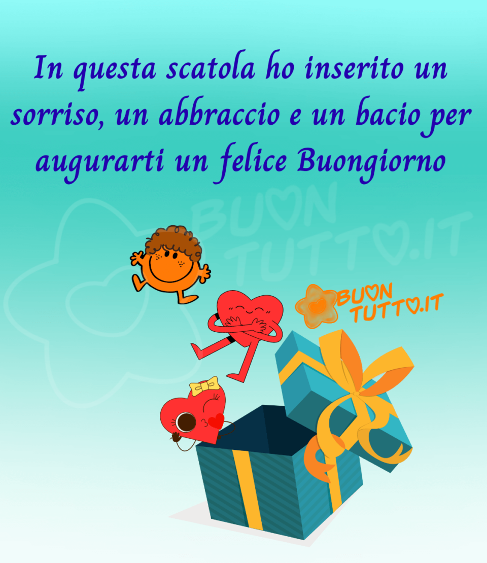 una bellissima immagine in cui c'è disegnata una scatola da regalo aperta da dove escono tre personaggi, un cuore con una faccina che invia un bacio, un cuore con gambe e braccia che abbracciano e un sorriso dolce e per finire uno smile di colore arancione con gambine e braccia e dei simpatici capelli con una simpatica faccina sorridente. Su l'immagine c'è scritto In questa scatola ho inserito un sorriso, un abbraccio e un bacio per augurarti un felice buongiorno.  Immagini di buongiorno da scaricare gratis e condividere con amici parenti gruppi tramite WhatsApp Facebook Twitter Pinterest Telegram Instagram autore buontutto.it