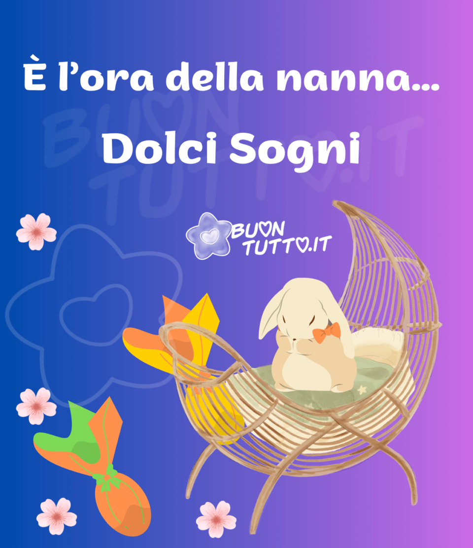 immagine-buonanotte-pasquale-dolce-coniglietto-stellina-uova-pasqua-fiori-pesco-dolci-sogni-buontutto Buonanotte pasquale. Disegno, su uno sfondo dalle sfumature di un viola delicato e un intenso blu, di una culla in vimini con una bella coperta verde con le stelline bianche, sopra c'è seduta una piccola coniglietta con un fiocco al collo di colore arancione che si strofina gli occhietti per il sonno. Dentro la culla c'è appoggiato un uovo di pasqua con la carta di colore giallo e arancione, vicino al piede della culla c'è un altro uovo di pasqua con la carta arancione e verde e un fiocco verde, nell'immagine ci sono anche quattro fiori di pesco, un'immagine che trasmette serenità e dolcezza. Sopra l'immagine c'è scritto E' l'ora della nanna... Dolci sogni! Una raccolta di nuove bellissime immagini del buongiorno e della buonanotte pasquale da scaricare gratis e condividere con amici parenti gruppi tramite WhatsApp Facebook Twitter Pinterest Telegram Instagram creata da buontutto.it