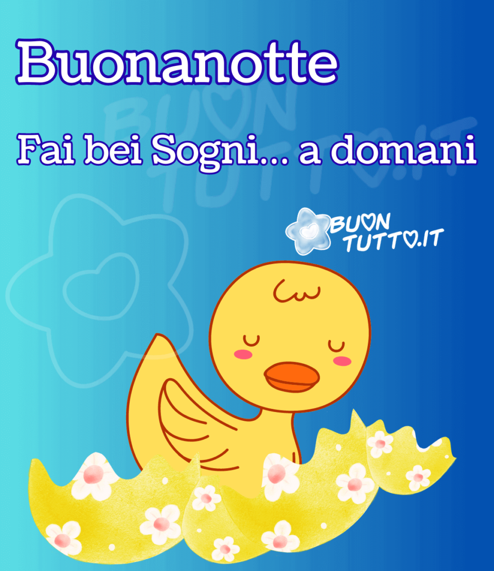 immagine-buonanotte-pasquale-dolce-paparella-gialla-fai-bei-sogni-uovo-fiori-buontutto Disegno su uno sfondo dalle sfumature azzurre di una dolce paperella gialla che dorme serenamente le zampette sono coperte da quattro pezzi di guscio d'uovo rotti di colore giallo con dei fiori dai petali bianchi e il centro sfumato di color magenta. Sopra l'immagine c'è scritto Buonanotte! Fai bei sogni... a domani! Una raccolta di nuove bellissime immagini del buongiorno e della buonanotte pasquale da scaricare gratis e condividere con amici parenti gruppi tramite WhatsApp Facebook Twitter Pinterest Telegram Instagram creata da buontutto.it
