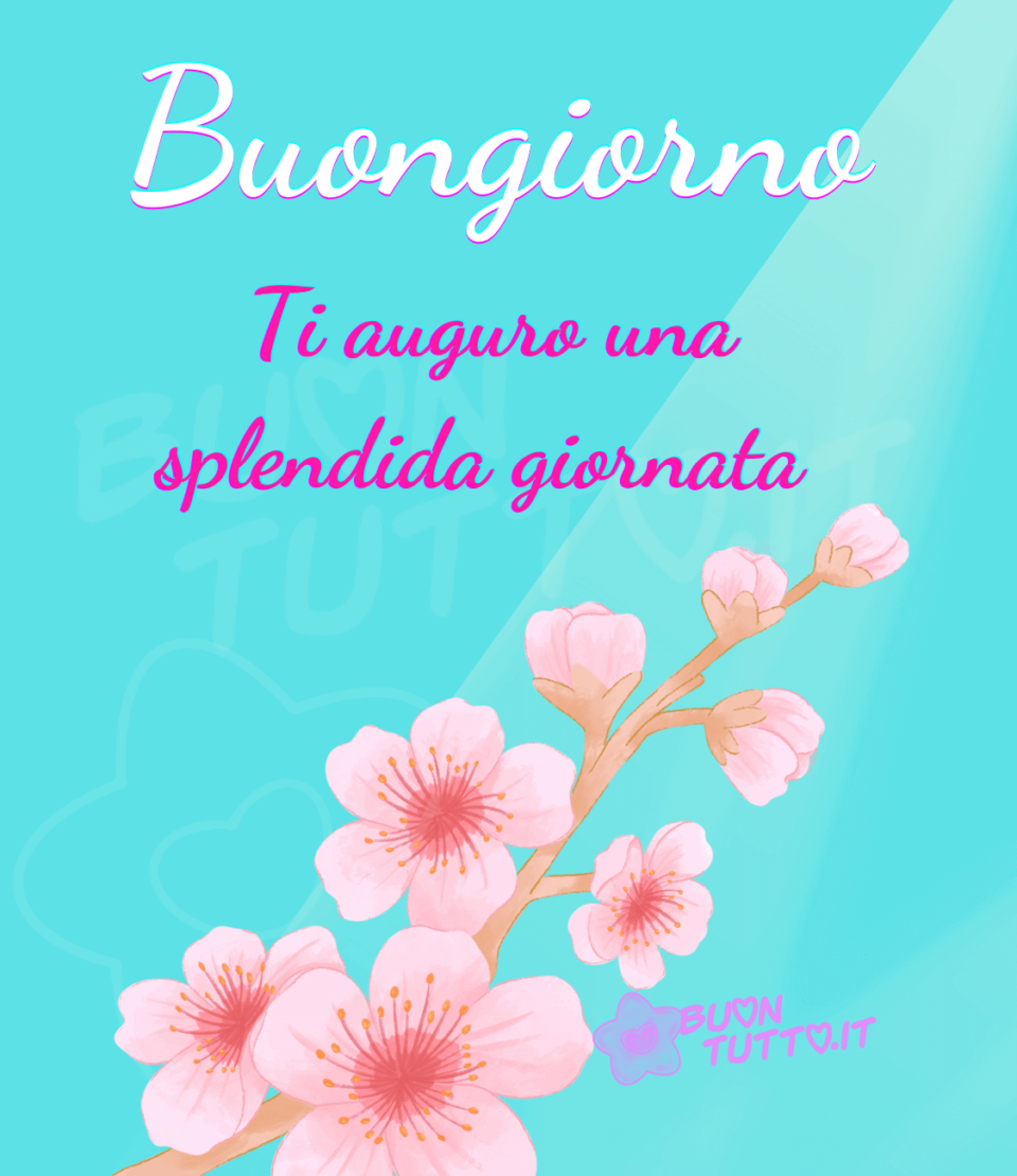 Disegno su uno sfondo celeste brillante di un bellissimo ramo di fiori di pesco rosa illuminati da un raggio di sole. Sopra l'immagine c'è scritto Buongiorno Ti auguro una splendida giornata. Una raccolta di nuove bellissime Immagini di Buongiorno Primaverili da scaricare gratis e condividere con amici parenti gruppi tramite WhatsApp Facebook Twitter Pinterest Telegram Instagram autore buontutto.it