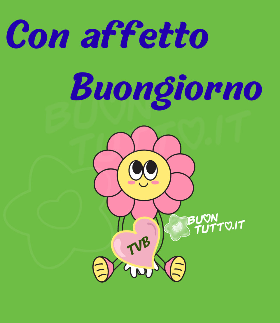 disegno su uno sfondo di un bellissimo verde brillante di una margherita con petali rosa e una simpatica e tenera faccina, il fiore è seduto e stringe nelle manine un cuore rosa con contorno giallo e al centro ci sono le lettere tvb di colore verde. Sopra l'immagine c'è scritto, con affetto buongiorno. Una raccolta di nuove bellissime Immagini di Buongiorno da scaricare gratis e condividere con amici parenti gruppi tramite WhatsApp Facebook Twitter Pinterest Telegram Instagram autore buontutto.it