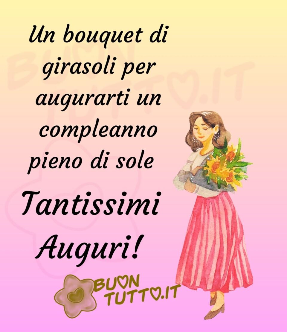 immagini-buon-compleanno-bouquet-di-girasoli-per-augurarti-compleanno-pieno-di-sole-buontutto disegno su uno sfondo dalle sfumature di colore lilla di una ragazza di aspetto elegante vestita con una gonna di colore magenta plissettata e una camicia di organza bianca, che sta camminando portando un bellissimo mazzo di girasoli. Nel lato sinistro dell'immagine c'è scritto Un bouquet di girasoli per augurarti un compleanno pieno di sole! Tantissimi auguri! Una raccolta di nuove bellissime Immagini di Buon Compleanno da scaricare gratis e condividere con amici parenti gruppi tramite WhatsApp Facebook Twitter Pinterest Telegram Instagram autore buontutto.it