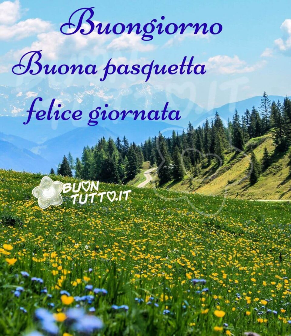 immagini-buona-pasquetta-buongiorno-felice-giornata-prato-fiorito-alberi-montagne-buontutto Foto di un bellissimo panorama di un prato fiorito con fiori gialli e celesti in fondo al prato una stupenda pineta e poi si intravedono delle magnifiche montagne e in fondo delle alte montagne innevate, il cielo è sereno con qualche nuvola che ti invita a sdraiarti nel prato. Sopra l'immagine c'è scritto Buongiorno! Buona pasquetta! Felice giornata.
Una raccolta di nuove bellissime, uniche immagini di auguri di Buona Pasquetta e buongiorno da scaricare gratis e condividere con amici parenti gruppi tramite WhatsApp Facebook Twitter Pinterest Telegram Instagram autore buontutto.it