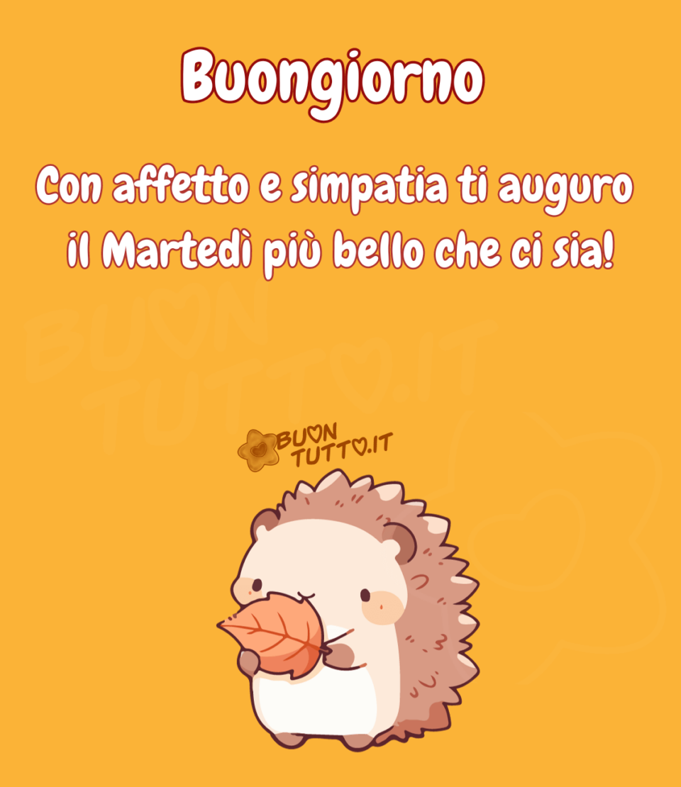 immagini-buongiorno-affetto-auguro-martedi-bello-riccio-folglia-autunnale-da-scaricare-gratis-buontutto Su uno sfondo di un caldo colore arancione autunnale c'è disegnato un dolcissimo piccolo riccio che sta tenendo tra le manine una foglia autunnale con l'intento di regalarla con tutto il so affetto e l' augurio di trascorrere un bellissimo martedì ai suoi cari. Nella parte alta dell'immagine c'è scritto di colore bianco e contorno arancione Buongiorno Con affetto e simpatia ti auguro il martedì più bello che ci sia! con un punto esclamativo. Un'immagine che trasmette amore, amicizia, affetto, tenerezza e generosità da scaricare gratis e condividere con amici, parenti, gruppi e su tutte le tue piattaforme social preferite creata da buontutto.it