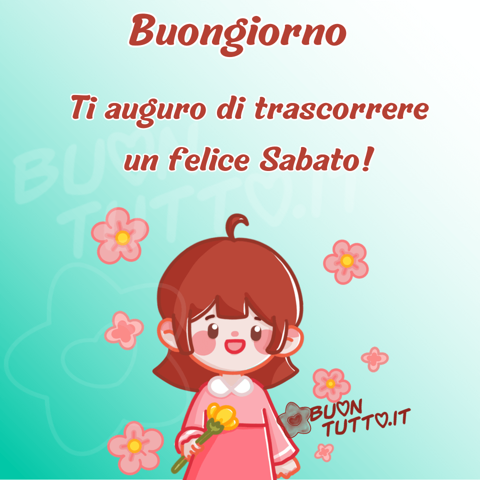 immagini-buongiorno-felice-sabato-bellissima-dolcissima-bambina-fiori-rosa-gialli-buontutto Su uno sfondo dalle sfumature celesti e bianche c'è disegnata una dolcissima bambina con un atteggiamento aggraziato, dai grandi occhi marroni luminosi e delle simpatiche guanciotte rosa, ha un'espressione serena e decisa per augurare una felice giornata ai suoi cari. Indossa una maglietta a maniche lunghe di colore rosa con colletto di colore bianco, una gonnellina di colore pesca, i suoi capelli sono di colore castano chiaro con frangetta e lunghi fino alle spalle, in mano tiene un fiore di colore giallo che sta per porgere ai suoi amici, intorno a lei ci sono disegnati tanti fiori di colore rosa che rendono l'immagine ancora più radiosa. Nella parte alta dell'immagine c'è scritto in un carattere grassetto di colore marrone e contorno bianco Buongiorno Ti auguro di trascorre un felice sabato! Un'immagine che trasmette serenità, gioia, affetto e amore da scaricare gratis e condividere con amici, familiari, parenti, gruppi e su tutte le tue piattaforme social preferite creata da buontutto.it