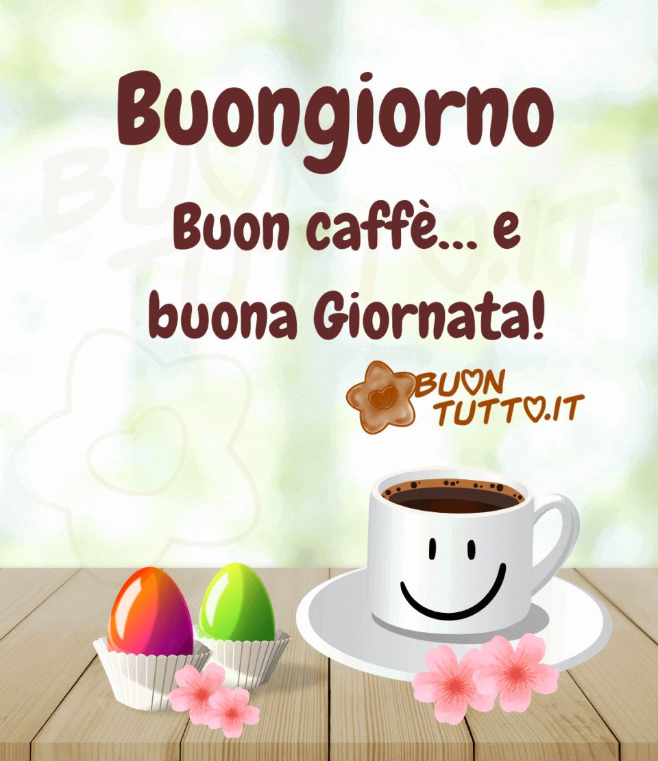 immagini-buongiorno-pasquale-tazza-caffè-faccina-sorridente-fiori-pesco-ovetti-colorati-buona-giornata-buontutto Buongiorno pasquale. Disegno su uno sfondo sfumato giallo-verde-celeste di un tavolo in legno con sopra una tazza di caffè con piattino di colore bianco e sopra c'è disegnata una faccina sorridente alla sua destra due ovetti di pasqua colorati in un pirottino bianco quello a destra verde lucido e quello a sinistra magenta lucido entrami illuminati dalla luce. Davanti alla tazzina e agli ovetti due fiori di pesco. Sopra l'immagine c'è scritto buongiorno buon caffè... e buona giornata. Una raccolta di nuove bellissime immagini del buongiorno e della buonanotte pasquale da scaricare gratis e condividere con amici parenti gruppi tramite WhatsApp Facebook Twitter Pinterest Telegram Instagram creata da buontutto.it