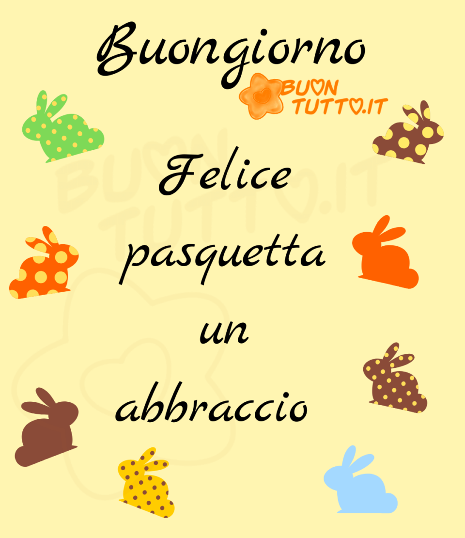 immagini-delice-pasquetta-buongiorno-un-abbraccio-congiletti-diverse-fantasie-buontutto disegno su uno sfondo cremino chiaro di nove coniglietti di cioccolato incartati di varie fantasie che formano una cornice partendo a sinistra in alto e continuando in semi cerchio fino a destra in altro troviamo un coniglietto verde a piccoli pois gialli, arancione a grandi pois gialli, marroncino, giallo a piccoli pois marroncini, celeste, marroncino a piccoli pois gialli, arancione e in ultimo marroncino a grande pois gialli chiude la cornice la parola Buongiorno e nel centro c'è scritto Felice pasquetta! Un abbraccio! da scaricare gratis e condividere con amici parenti gruppi tramite WhatsApp Facebook Twitter Pinterest Telegram Instagram autore buontutto.it