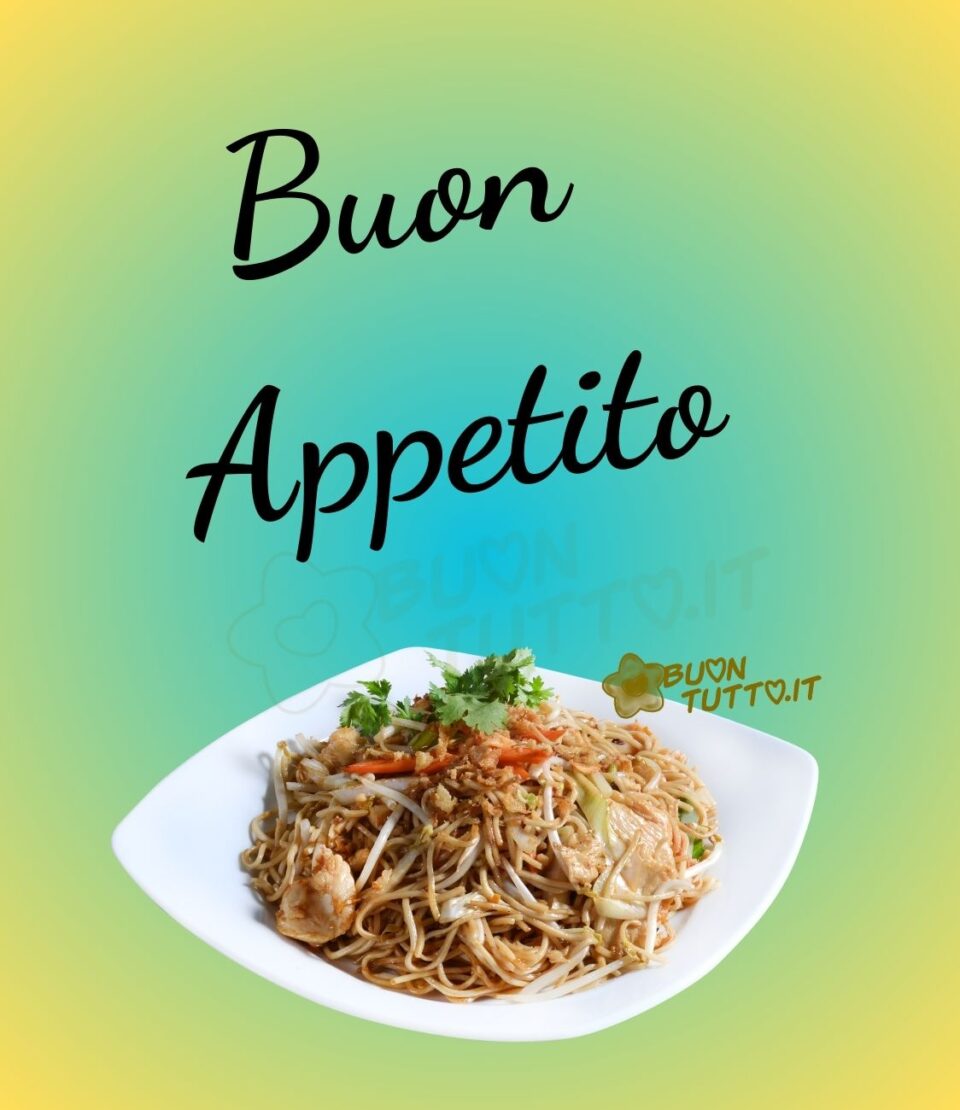 foto di un appetitoso piatto di spaghetti misto mare inserito in uno sfondo dalle sfumature gialle, arancione, verde e turchese. Sopra l'immagine c'è scritto Buon appetito da scaricare gratis e condividere con amici parenti gruppi tramite WhatsApp Facebook Twitter Pinterest Telegram Instagram autore buontutto.it