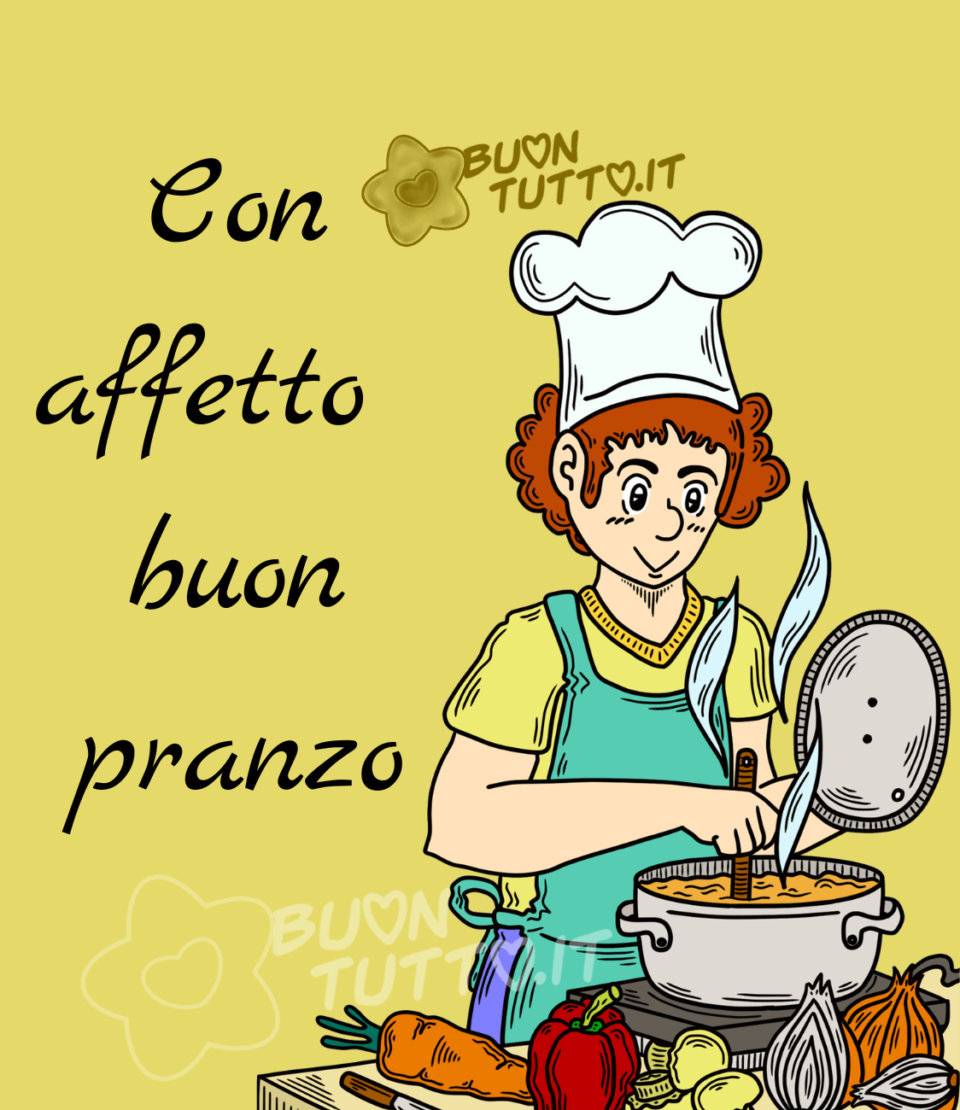 Immagini di Buon Pranzo. Disegno su uno sfondo giallo ocra di un simpatico cuoco con capelli ricci di colore castano chiaro che cucina una minestra, sul tavolo c'è una carota, un peperone dei funghi e delle cipolle. Sopra l'immagine c'è scritto Con affetto buon pranzo. Una raccolta di nuove bellissime Immagini di Buon Pranzo da scaricare gratis e condividere con amici parenti gruppi tramite WhatsApp Facebook Twitter Pinterest Telegram Instagram autore buontutto.it