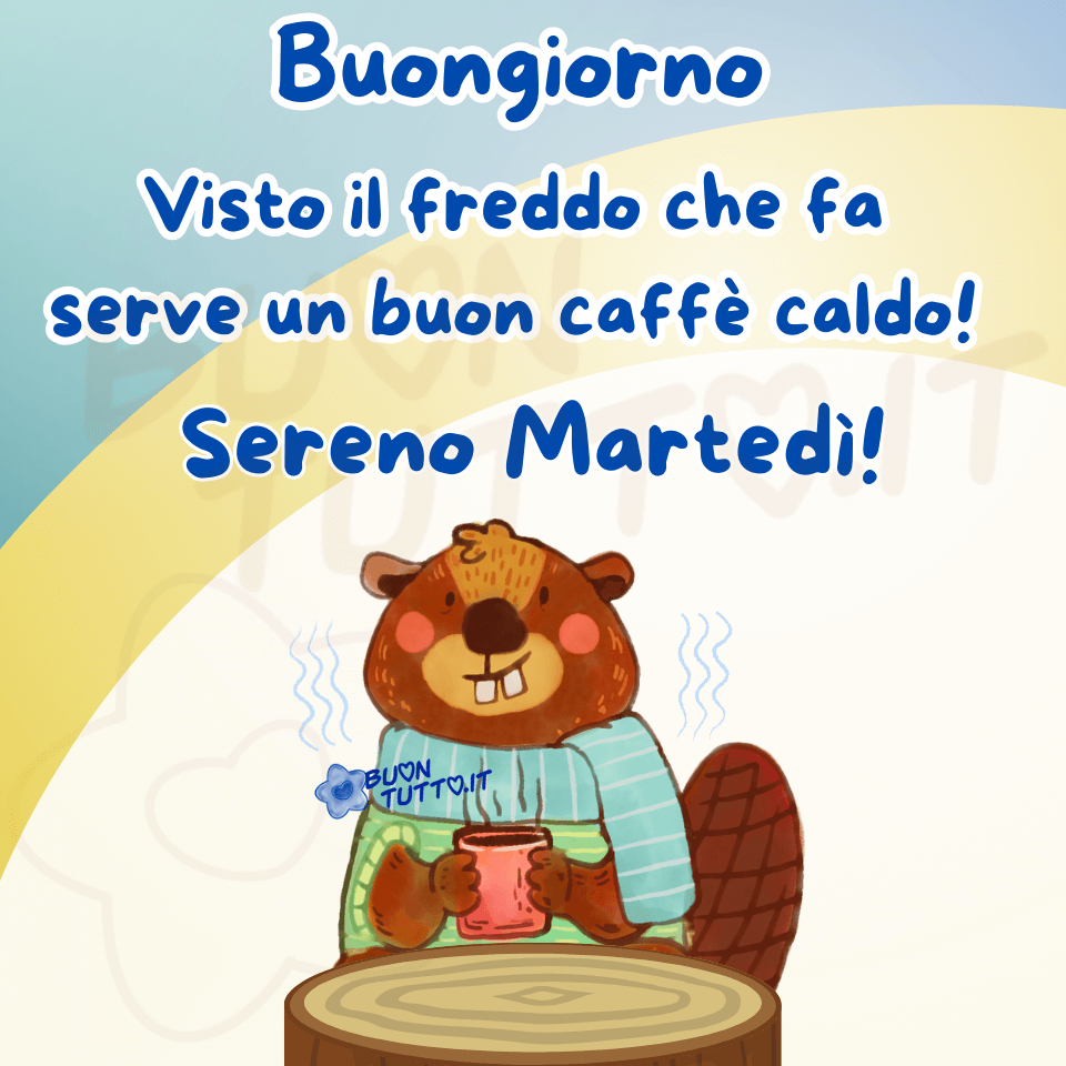 Una bellissima illustrazione in cui c'è raffigurato un castoro seduto davanti a un mezzo tronco d'albero che funge da tavolo. Indossa un maglione e una sciarpa di lana, di colore celeste a righe bianche, tra le zampette anteriori sta tenendo una fumante tazza di caffè lungo, la tazza è di colore rosso chiaro sfumato. Lo sfondo è composto dai colori, avorio chiaro, giallo e grigio-azzurro, posizionati uno dietro l'altro, quasi a formare  un piccolo arcobaleno. Nella parte alta dell'immagine c'è scritto in un carattere corsivo di colore blu e contorno bianco Buongiorno Visto il freddo che fa serve un buon caffè caldo! Sereno martedì! Un'immagine bellissima e simpatica con frase positiva che trasmette affetto, forza, attenzione, serenità e pace. Una raccolta di nuove bellissime immagini di Buon Martedì da scaricare gratis e condividere con amici parenti gruppi tramite WhatsApp, Facebook, X Twitter, Pinterest, Telegram, LinkedIn, Instagram e le tue piattaforme social preferite autore buontutto.it