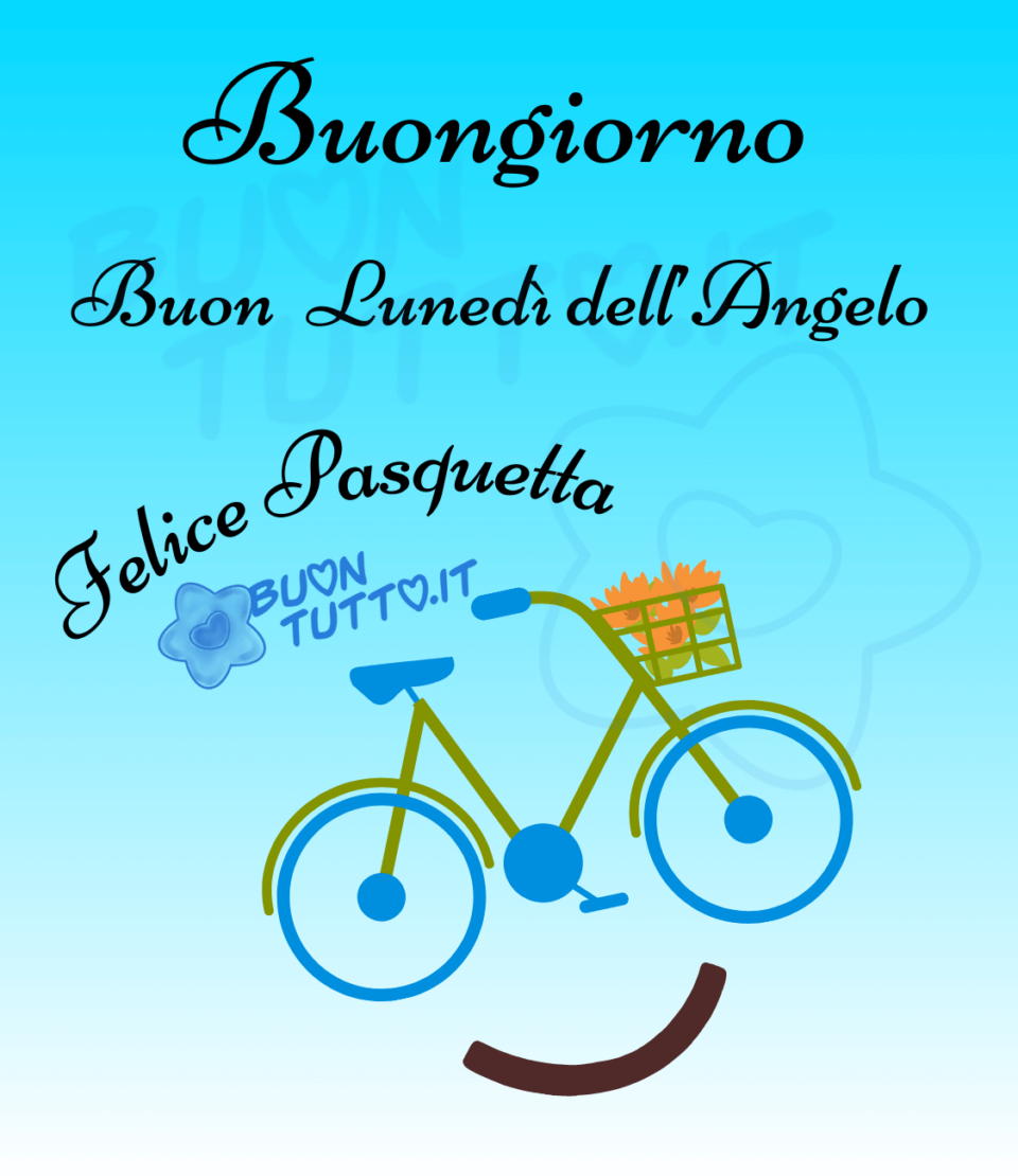 immagini-felice-pasquetta-buongiorno-buon-lunedi-dell-angelo-bicicletta-faccina-sorridente-buontutto su uno sfondo dalle sfumature celesti c'è disegnata una bicicletta con cestino in cui dentro ci sono dei bellissimi fiori di colore arancione. Le ruote della bicicletta insieme al pedale formano gli occhi e il nasino di una simpatica faccina che si completa con un sorriso in basso. Questa immagine trasmette allegria e simpatia sopra c'è scritto Buongiorno! Buon lunedì dell'Angelo Felice pasquetta da scaricare gratis e condividere con amici parenti gruppi tramite WhatsApp Facebook Twitter Pinterest Telegram Instagram autore buontutto.it
