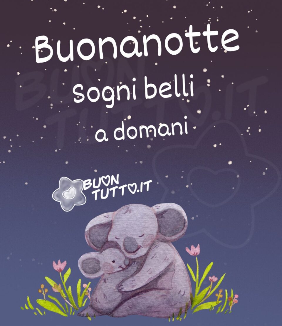 disegno su uno sfondo di una meravigliosa notte stellata dal cielo terso di un Koala adulto con un'espressione dolce che abbraccia teneramente il suo cucciolo, sono seduti in mezzo a dei fiori con gli steli verdi, le foglie lunghe e i petali rosa che creano un'atmosfera di serenità e pace. In alto nell'immagine di colore bianco c'è scritto Buonanotte Sogni belli a domani. un'immagine che trasmette amore e voglia di stare insieme. Una raccolta di nuove bellissime immagini di buonanotte da scaricare gratis e condividere con amici parenti gruppi tramite WhatsApp Facebook Twitter Pinterest Telegram Instagram creata da buontutto.it