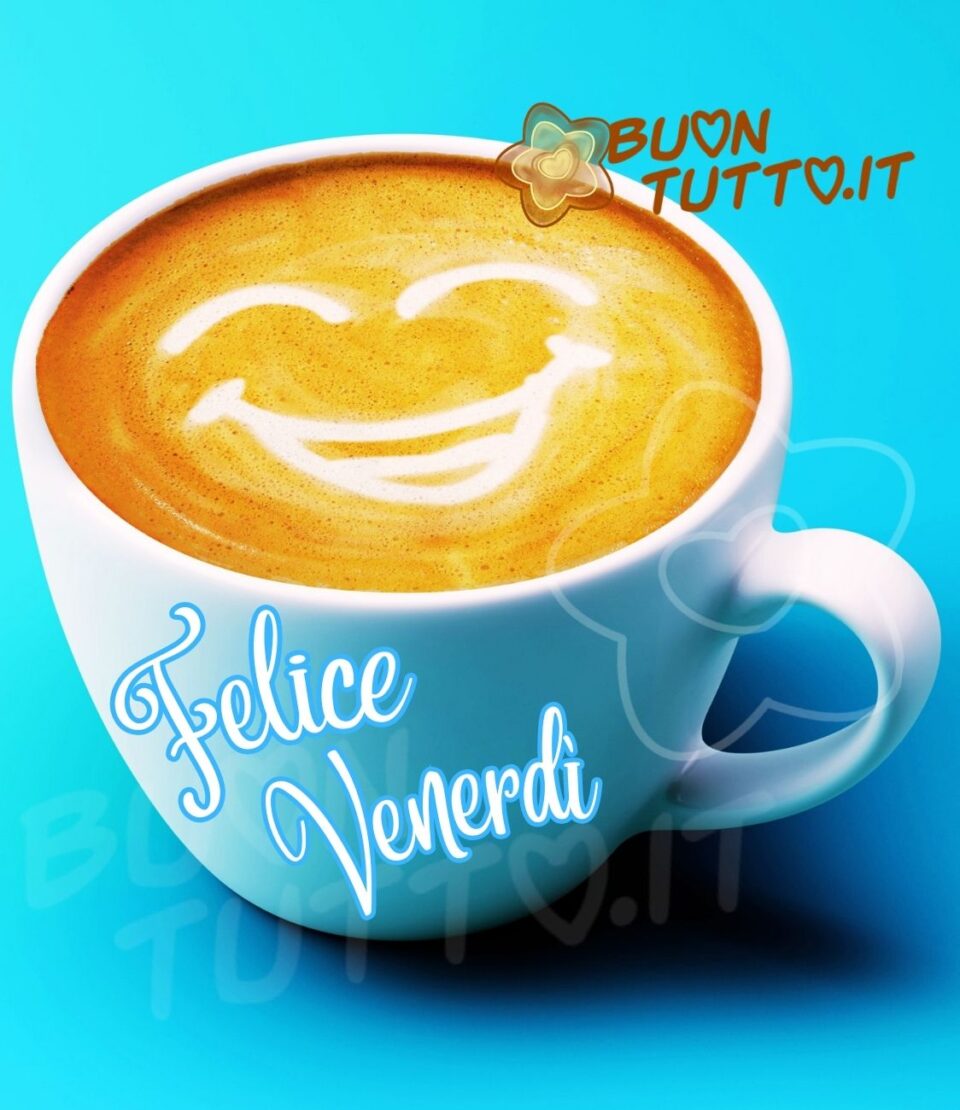 foto su uno sfondo di colore celeste brillante di un cappuccino in primo piano con una faccina allegra disegnata con la crema di latte e in alto sopra la tazza c'è scritto con un carattere armonioso di colore bianco con contorni celeste brillante, lo stesso dello sfondo, Felice Venerdì. Una raccolta di nuove bellissime immagini di Buon Venerdì da scaricare gratis e condividere con amici parenti gruppi tramite WhatsApp Facebook Twitter Pinterest Telegram Instagram autore buontutto.it