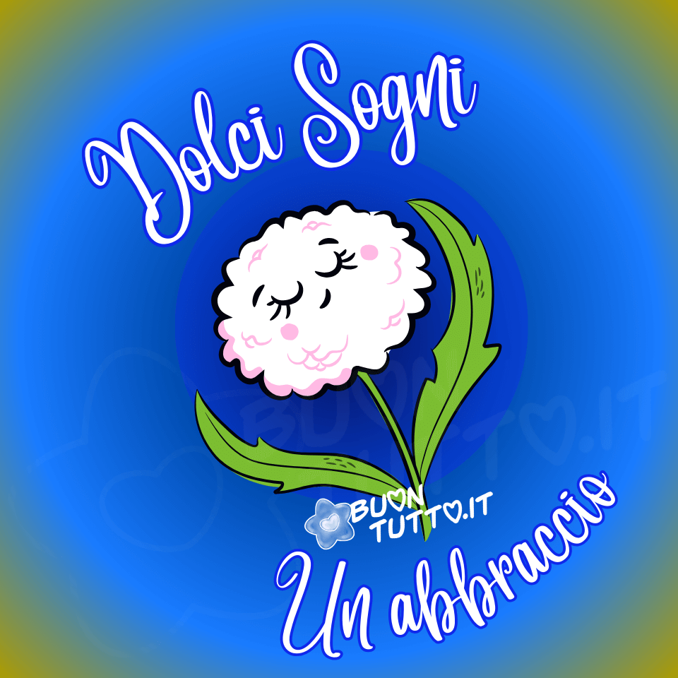immagini-buonanotte-fiore-dalia-affettuosa-dolci-sogni-abbraccio-da-scaricare-gratis-bellissima-buontutto Su uno sfondo dalle sfumature concentriche di colore verde, celeste e azzurro c'è disegnata una bellissima dalia di colore bianco con faccina dall'espressione serena e sorridente e due dolcissime guanciotte rosa, le foglie di uno splendido verde sono aperte in segno di abbraccio per accompagnare con affetto la persona che riceverà questa dolce immagine della buonanotte. Nella parte alta dell'immagine sopra la dalia c'è scritto in un carattere corsivo in forma semi-circolare di colore bianco e contorno azzurro Dolci sogni; nella parte bassa sotto la dalia dello stesso colore e carattere Un abbraccio. Un'immagine che trasmette serenità, affetto e pace da scaricare gratis e condividere con amici, parenti, familiari, gruppi e su tutte le tue piattaforme social preferite creata da buontutto.it
