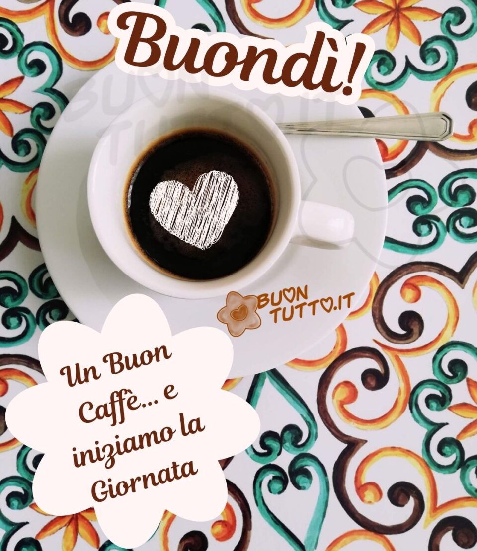 immagini-buongiorno-buon-caffè-iniziamo-la-giornata-cuore-tovaglietta-buontutto foto di una tazzina di caffè di ceramica bianca con piattino e cucchiaino elegante in acciaio vista dall'alto al centro del caffè c'è disegnato un cuore di colore bianco effetto matita. Lo sfondo è una tovaglietta stile maiolica in pvc e nell'angolo in basso a sinistra dell'immagine c'è disegnata una forma a fiore di colore panna con all'interno scritto di colore marrone con carattere corsivo elegante Un Buon caffè… e iniziamo la giornata. nella parte alta dell'immagine in posizione obliqua c'è scritto di colore marrone su uno sfondo bianco ondulato Buondì!. Un'immagine che trasmette affetto e serenità. Una raccolta di nuove bellissime Immagini di Buongiorno con caffè da scaricare gratis e condividere con amici parenti gruppi tramite WhatsApp Facebook Twitter Pinterest Telegram Instagram autore buontutto.it