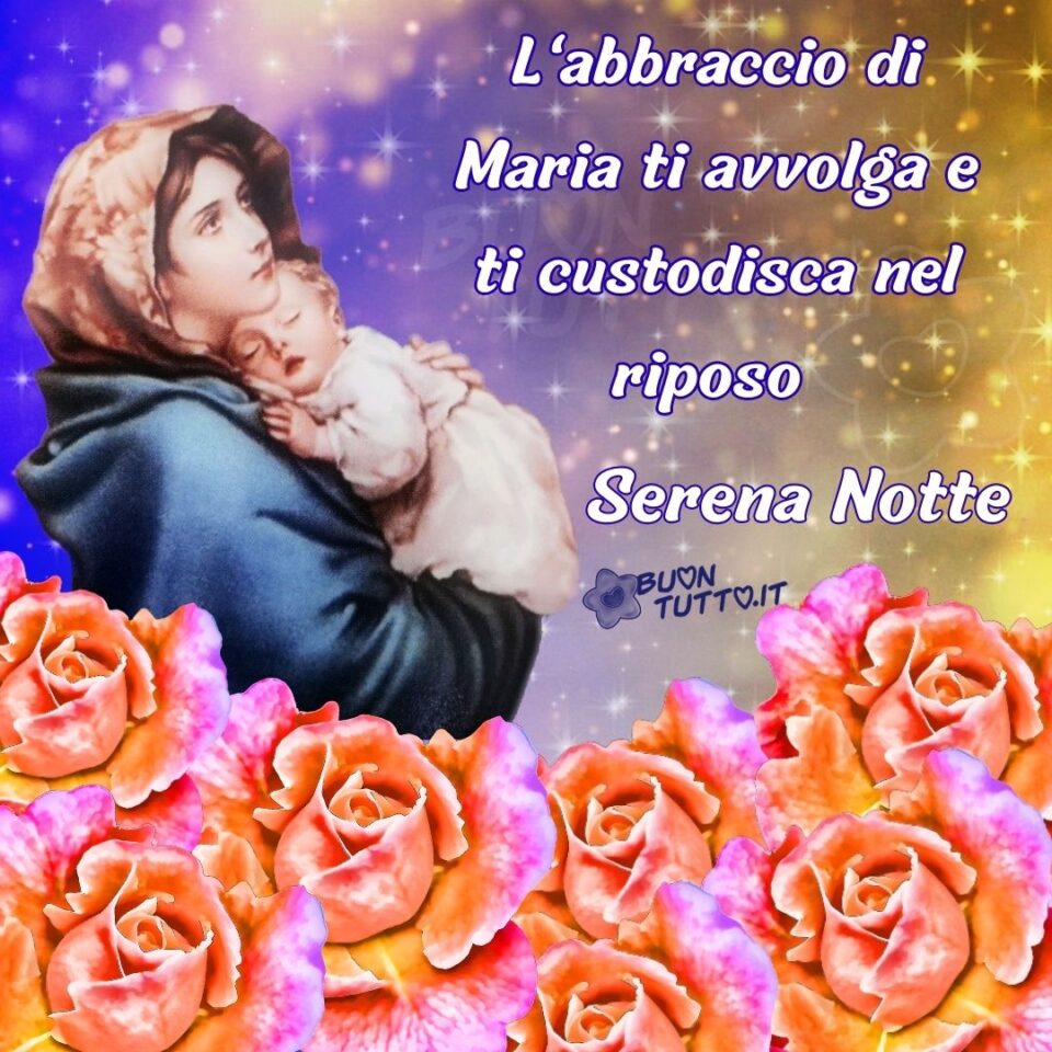 immagini-buonanotte-religiosa-abbraccio-di-Maria-ti-avvolga-ti-custodisca-nel-riposo-buontutto Bellissima foto del dipinto della Madonna del riposo del pittore italiano Roberto Ferruzzi. Immersa su uno sfondo dai colori giallo oro, rosa tenue, viola e lilla ricoperto da una miriade di stelle, arricchito nella parte bassa dell'immagine da magnifiche rose dalle tinte albicocca, lilla, giallo intenso e magenta. Nella parte destra dell'immagine c'è scritto L'abbraccio di Maria ti avvolga e ti custodisca nel riposo Serena notte di colore bianco e contorno blu. Una stupenda immagine che trasmette amore e bellezza. Una raccolta di nuove bellissime Immagini di Buonanotte religiosa da scaricare gratis e condividere con amici parenti gruppi tramite WhatsApp Facebook Twitter Pinterest Telegram Instagram autore buontutto.it