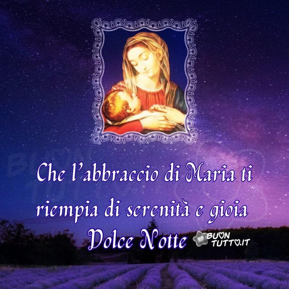 Foto di un meraviglioso paesaggio notturno di un campo di lavanda nella parte alta dell'immagine c'è disegnata una cornice molto elegante di colore bianco in cui è inserita la foto del bellissimo dipinto della Madonna della Divina provvidenza del pittore italiano Scipione Pulzone. Nella parte bassa dell'immagine c'è scritto Che l’abbraccio di Maria ti riempia di serenità e gioia Dolce Notte di colore bianco e contorno blu. Un'immagine che trasmette amore e dolcezza da scaricare gratis e condividere con amici parenti gruppi tramite WhatsApp Facebook Twitter Pinterest Telegram Instagram autore buontutto.it