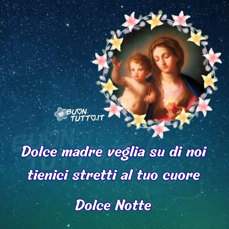 immagini-buonanotte-religiosa-dolce-madre-veglia-su-di-noi-tienici-stretti-al-tuo-cuore-buontutto Foto di un primo piano del meraviglioso dipinto la Madonna del cuore del del pittore italiano Sebastiano Conca, inserita in una cornice rotonda di gigli gialli e rosa, sopra uno sfondo di un luminoso cielo blu con sfumature verdi che ricorda il mare. Nella parte bassa dell'immagine c'è scritto Dolce madre veglia su di noi tienici stretti al tuo cuore Dolce Notte di colore bianco e contorno blu-mare. Un'immagine che trasmette tenerezza e bellezza da scaricare gratis e condividere con amici parenti gruppi tramite WhatsApp Facebook Twitter Pinterest Telegram Instagram autore buontutto.it