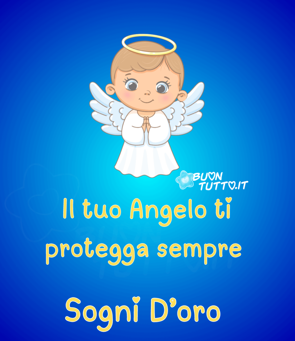 immagini-buonanotte-religiosa-il-tuo-angelo-ti-protegga-sempre-sogni-oro-dolcissimo-angioletto-buontutto Disegno su un meraviglioso sfondo blu con il centro sfumato di azzurro di un angioletto dal dolcissimo sorriso con le mani giunte in preghiera. Nella parte bassa dell'immagine c'è scritto in un carattere particolare in cui il puntino della vocale i è sostituito da un cuoricino, la frase è di colore giallo e contorno bianco. Un'immagine che esprime tenerezza e affetto. Una raccolta di nuove bellissime Immagini di Buonanotte religiosa da scaricare gratis e condividere con amici parenti gruppi tramite WhatsApp Facebook Twitter Pinterest Telegram Instagram autore buontutto.it