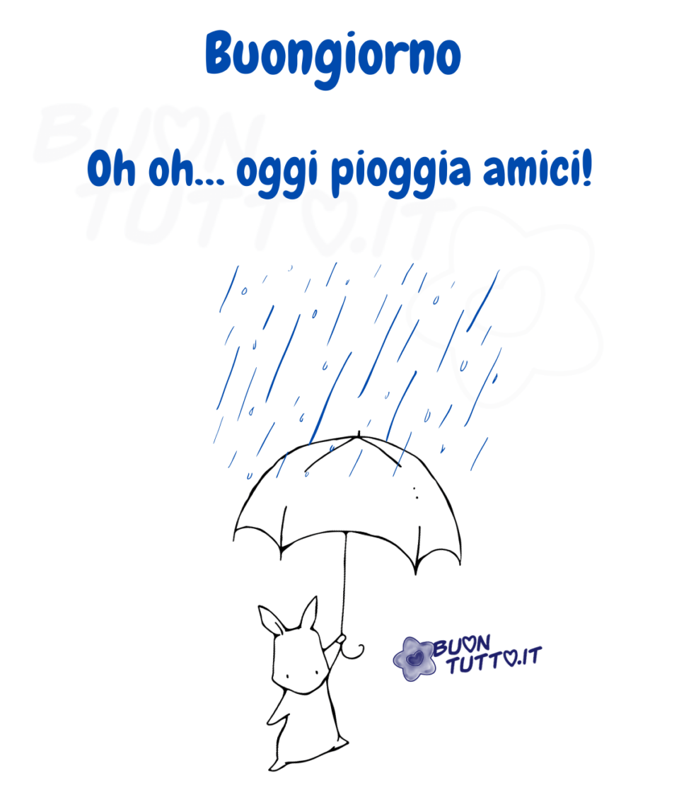 immagini-buongiorno-oggi-pioggia-amici-simpatico-coniglietto-con-ombrello-buontutto Disegno con pennarello nero su uno sfondo bianco, di un dolce coniglietto che sta tenendo con la zampina anteriore destra un ombrello aperto, riparandosi così dalla pioggia anch'essa disegnata con un pennarello ma di colore blu. Nella parte alta dell'immagine c'è scritto Buongiorno oh oh con tre puntini oggi pioggia amici con un punto esclamativo. Un'immagine che trasmette affetto e dolcezza. una raccolta di nuove bellissime Immagini di Buongiorno con la pioggia da scaricare gratis e condividere con amici parenti gruppi tramite WhatsApp Facebook Twitter Pinterest Telegram Instagram autore buontutto.it