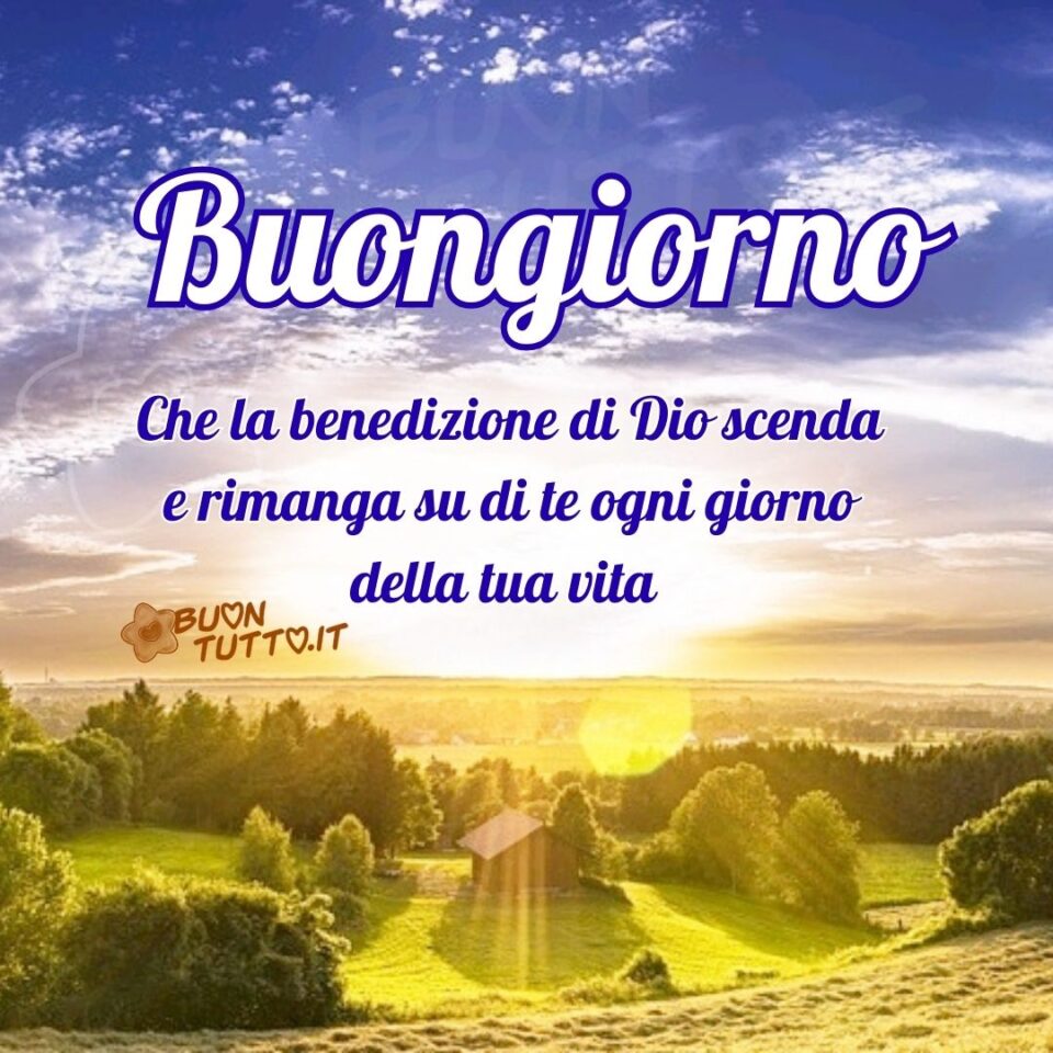 Foto di un favoloso panorama di campagna con prati verdi e magnifici alberi con al centro una graziosa casa illuminata dai raggi del sole, il cielo è di un inteso blu con delle soffici nuvole. Nella parte alta dell'immagine c'è scritto buongiorno di colore bianco e contorno blu-marino, Che la benedizioni di Dio scenda e rimanga su di te ogni giorno della tua vita di colore blu-marino. Una meravigliosa immagine che trasmette lietezza e buonumore. Una raccolta di nuove bellissime Immagini di Buongiorno Religioso da scaricare gratis e condividere con amici parenti gruppi tramite WhatsApp Facebook Twitter Pinterest Telegram Instagram autore buontutto.it