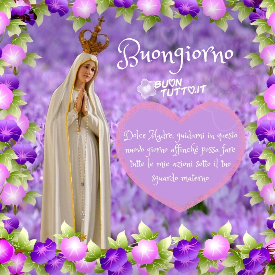 Foto di favoloso campo di lavanda incorniciata da disegni di fiori a campana di colori viola e fucsia con delle foglie verde chiaro, nella parte sinistra dell'immagine c'è inserita una foto di una dolcissima statua della Madonna di Fatima, nel lato destro c'è disegnato un cuore lilla con contorno rosa tenue sfumato in cui c'è scritto in un carattere corsivo elegante Dolce Madre, guidami in questo nuovo giorno affinché possa fare tutte le mie azioni sotto il tuo sguardo materno Buongiorno di colore bianco. Nella parte alta a destra dell'immagine sopra il cuore c'è scritto Buongiorno di colore bianco. Una bella e incantevole immagine che trasmette dolcezza e affetto. Una raccolta di nuove bellissime Immagini di Buongiorno Religioso da scaricare gratis e condividere con amici parenti gruppi tramite WhatsApp Facebook Twitter Pinterest Telegram Instagram autore buontutto.it