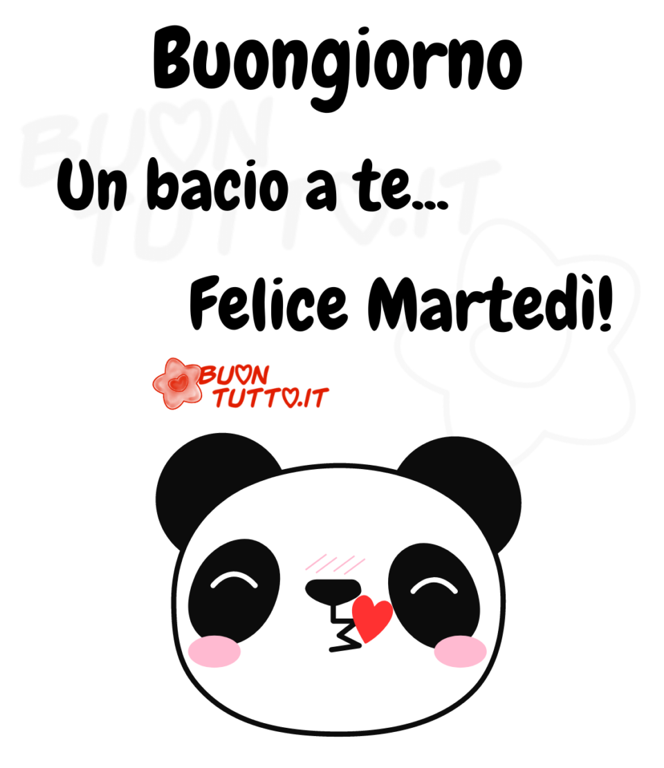 Disegno su uno sfondo bianco di una dolce faccina di un panda con guancette rosa che sta mandando un bacio con un cuoricino rosso. Nella parte alta dell'immagine c'è scritto buongiorno un bacio a te con tre puntini felice Martedì con un punto esclamativo di colore nero. Un'immagine che trasmette affetto e tenerezza da scaricare gratis e condividere con amici parenti gruppi tramite WhatsApp Facebook Twitter Pinterest Telegram Instagram creata da buontutto.it