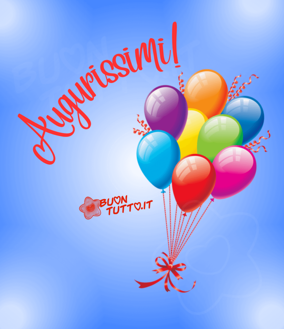 immagini-di-auguri-palloncini-colorati-volano-nel-cielo-buontutto Uno stupendo cielo azzurro con sfumature bianche al centro e agli angoli, nella parte destra dei bellissimi palloncini che stanno volando in alto dal colore rosso, arancione, verde, viola, blu, giallo, azzurro e fucsia legati da un fiocco elegante di colore rosso brillante e delle aste bianche e rosse. Nella parte alta dell'immagine a sinistra in forma semicircolare con un carattere corsivo elegante c'è scritto augurissimi con un punto esclamativo di colore rosso. Una festosa e allegra immagine da scaricare gratis e condividere con amici parenti gruppi tramite WhatsApp Facebook Twitter Pinterest Telegram Instagram autore buontutto.it