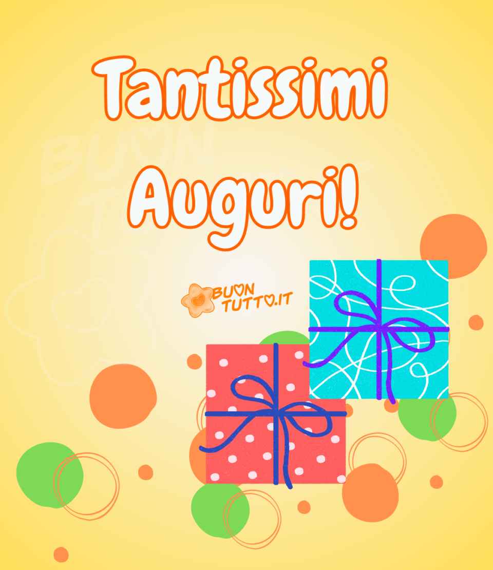 immagini-di-auguri-tantissimi-pacchetti-regalo-sfere-colorate-buontutto Disegno su uno sfondo dalle sfumature gialle di due scatole regalo, una di colore celeste con decori bianchi e nastro viola, l'altro rosso a pois bianchi e nastro blu, dietro le scatole ci sono disegnate dei cerchi arancioni e verdi e piccole palline arancioni. Nella parte alta dell'immagine c'è scritto tantissimi auguri con un punto esclamativo di colore bianco e contorno arancione. Un'immagine che trasmette festività e gioia. Una raccolta di nuove bellissime immagini di auguri da scaricare gratis e condividere con amici parenti gruppi tramite WhatsApp Facebook Twitter Pinterest Telegram Instagram autore buontutto.it