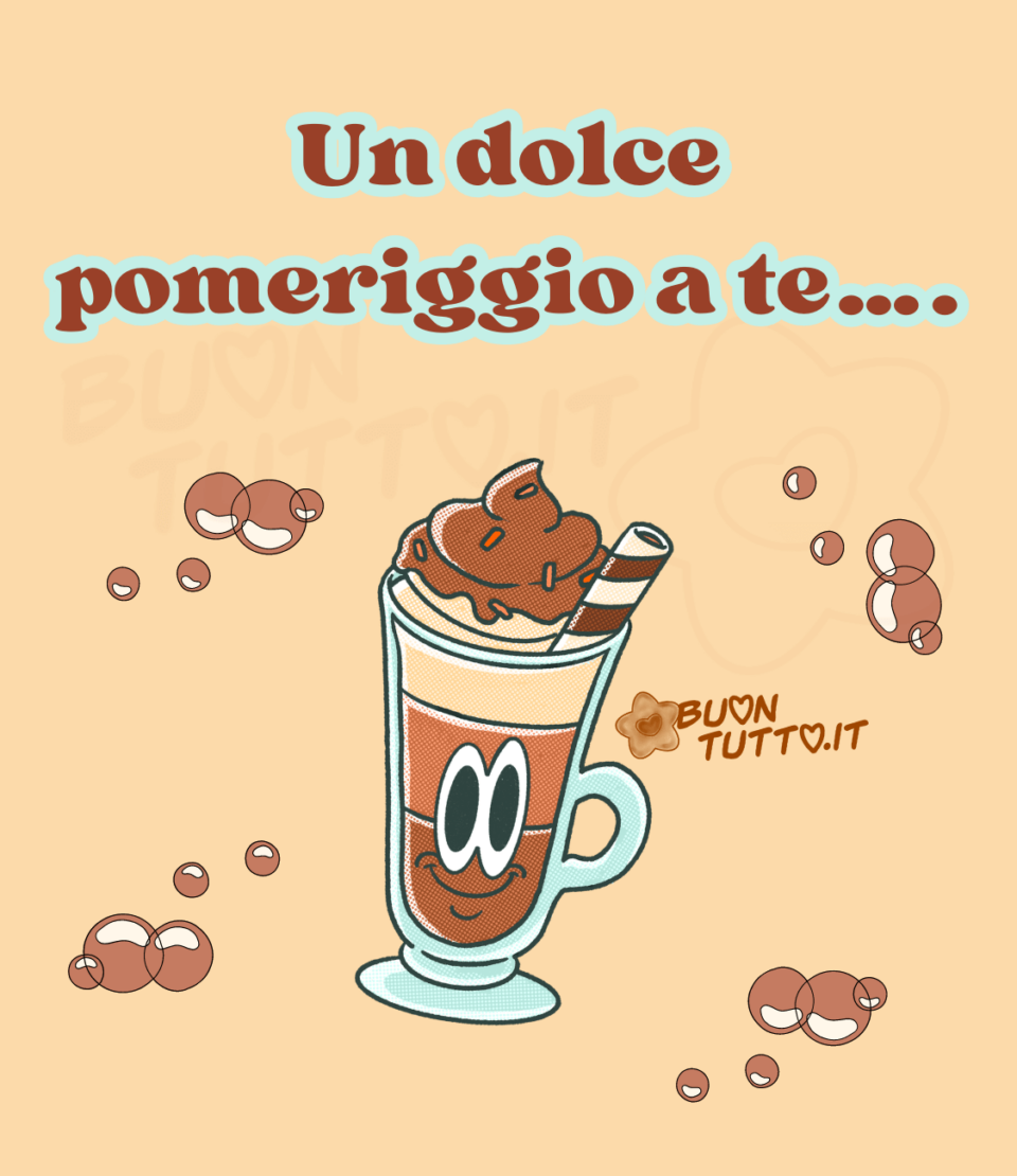 Disegno su uno sfondo cremino di un bicchiere di un cremoso frappè a calice con manico di vetro e con una faccina dagli occhi grandi e un sorriso amichevole, i gusti del frappè sono nocciola, cioccolato al latte e cioccolato fondente è decorato con un ciuffo di cioccolata con zuccherini e cialda bigusto a forma di cannolo, tutt'intorno al bicchiere ci sono disegnate delle simpatiche bolle color cioccolato. Nella parte alta dell'immagine c'è scritto un dolce pomeriggio a te con tre puntini di colore marrone e contorno azzurro. Un'immagine che trasmette simpatia e amicizia. Una raccolta di nuove bellissime Immagini di Buon Pomeriggio da scaricare gratis e condividere con amici parenti gruppi tramite WhatsApp Facebook Twitter Pinterest Telegram Instagram autore buontutto.it